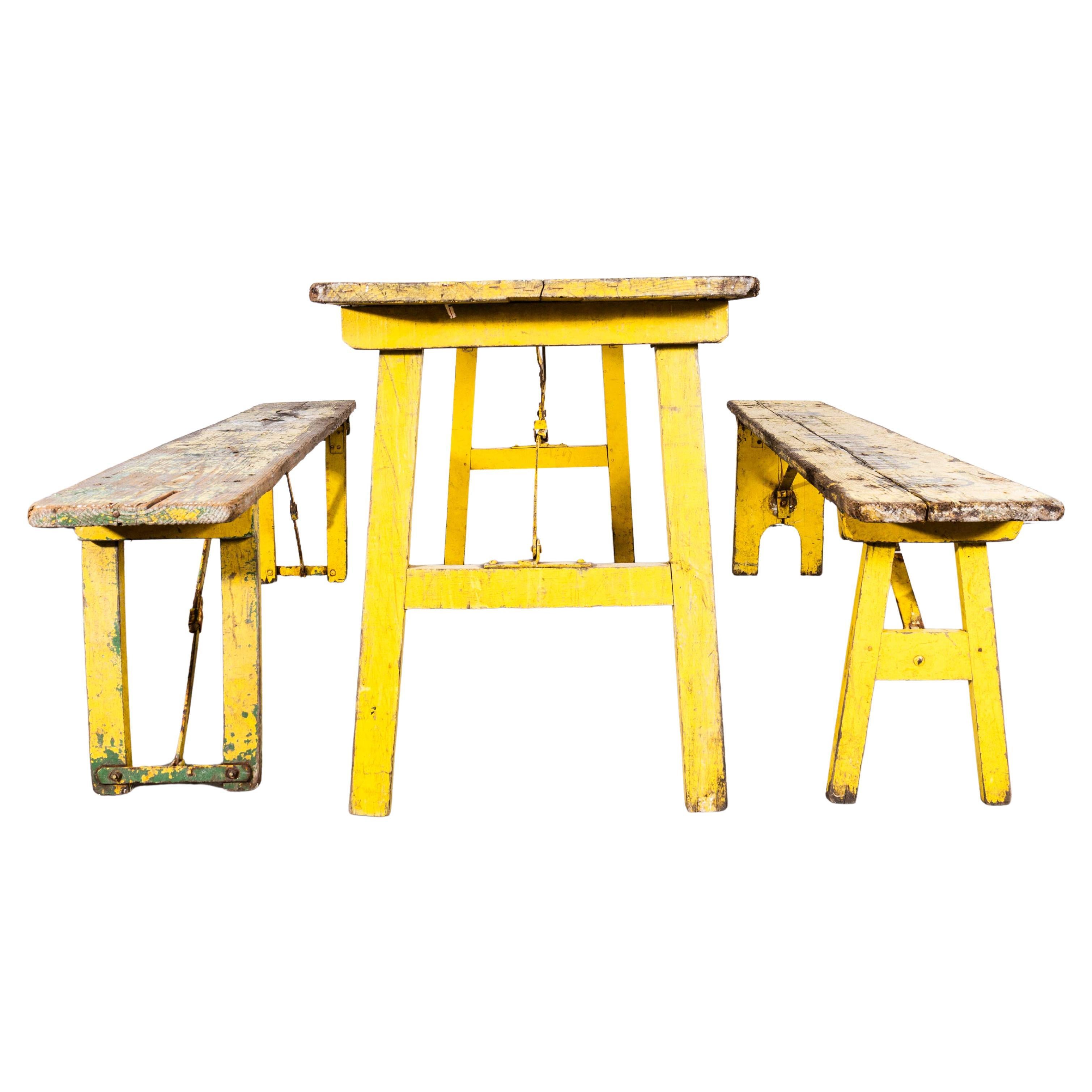1950
s Brewers Yellow Trestle Table And Bench Set - Meuse Biere