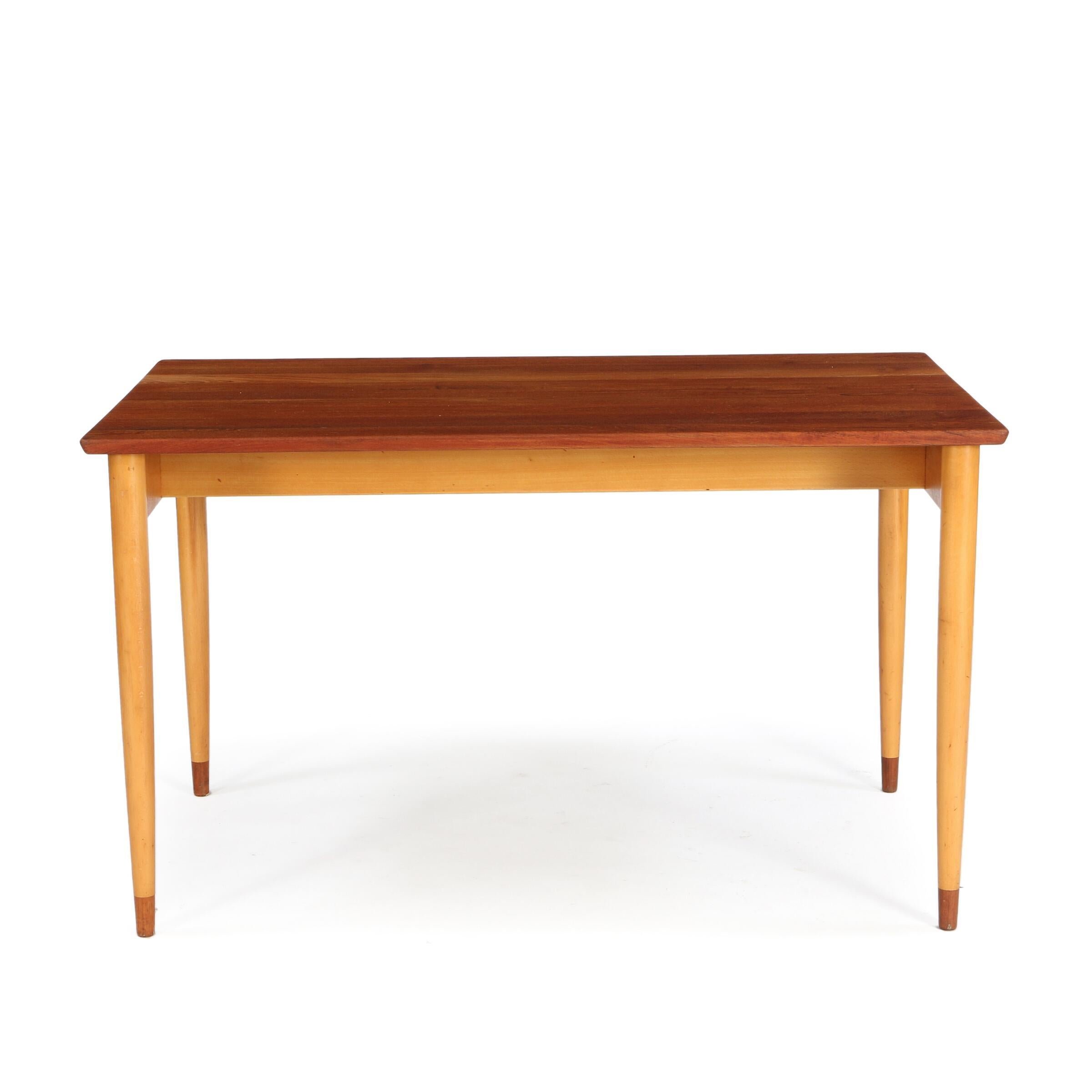 1950s Børge Mogensen Rectangular table with beech frame, solid teak top and shoes. Manufactured and stamped by C.M. Madsen. H. 72 cm. L. 125 cm. W. 80 cm. Restoration and Re-polishing included in price.

