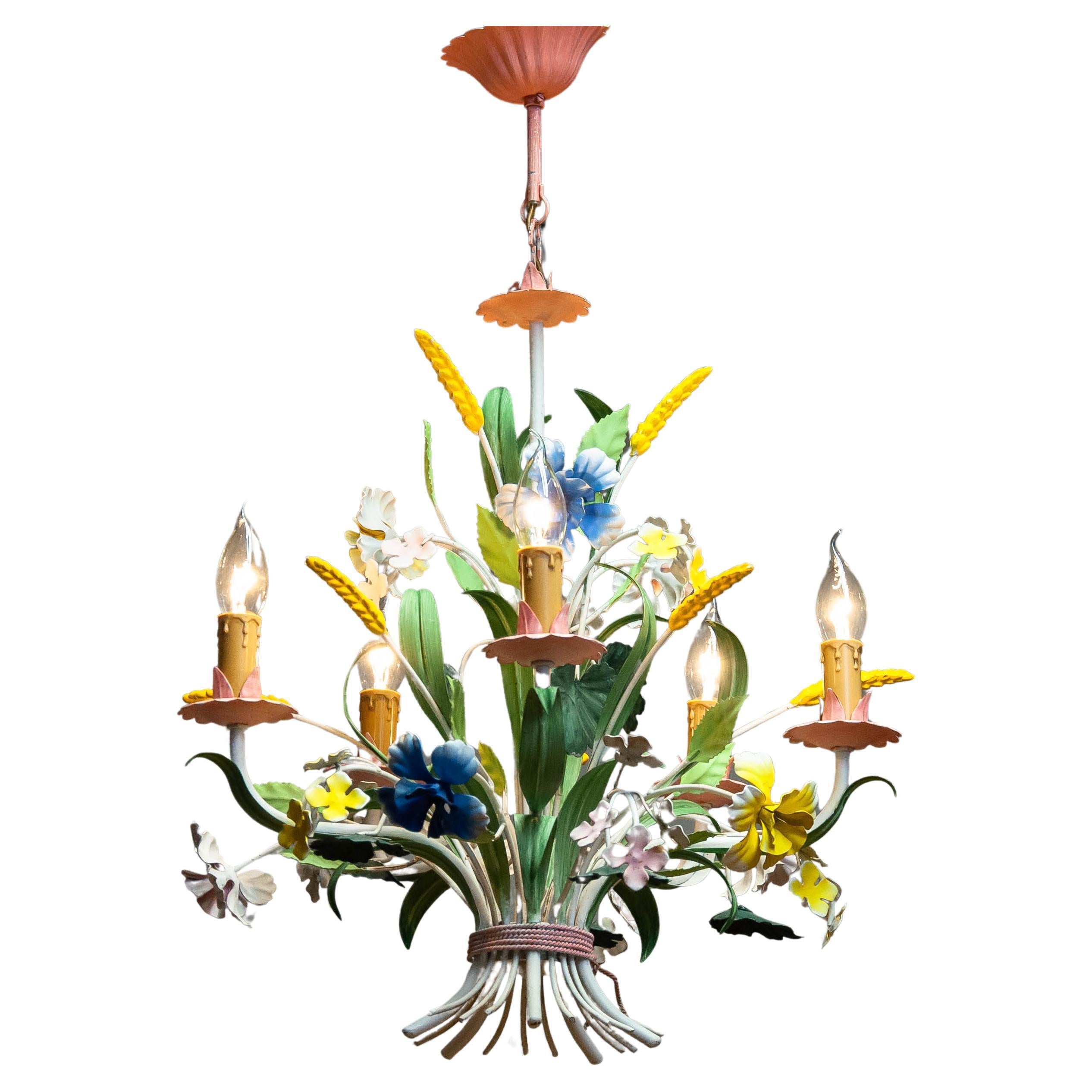 1960s Bright Boho Chic Italian Tole Painted Metal Chandelier With Floral Decor