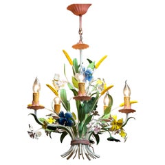 1960s Bright Boho Chic Italian Tole Painted Metal Chandelier With Floral Decor