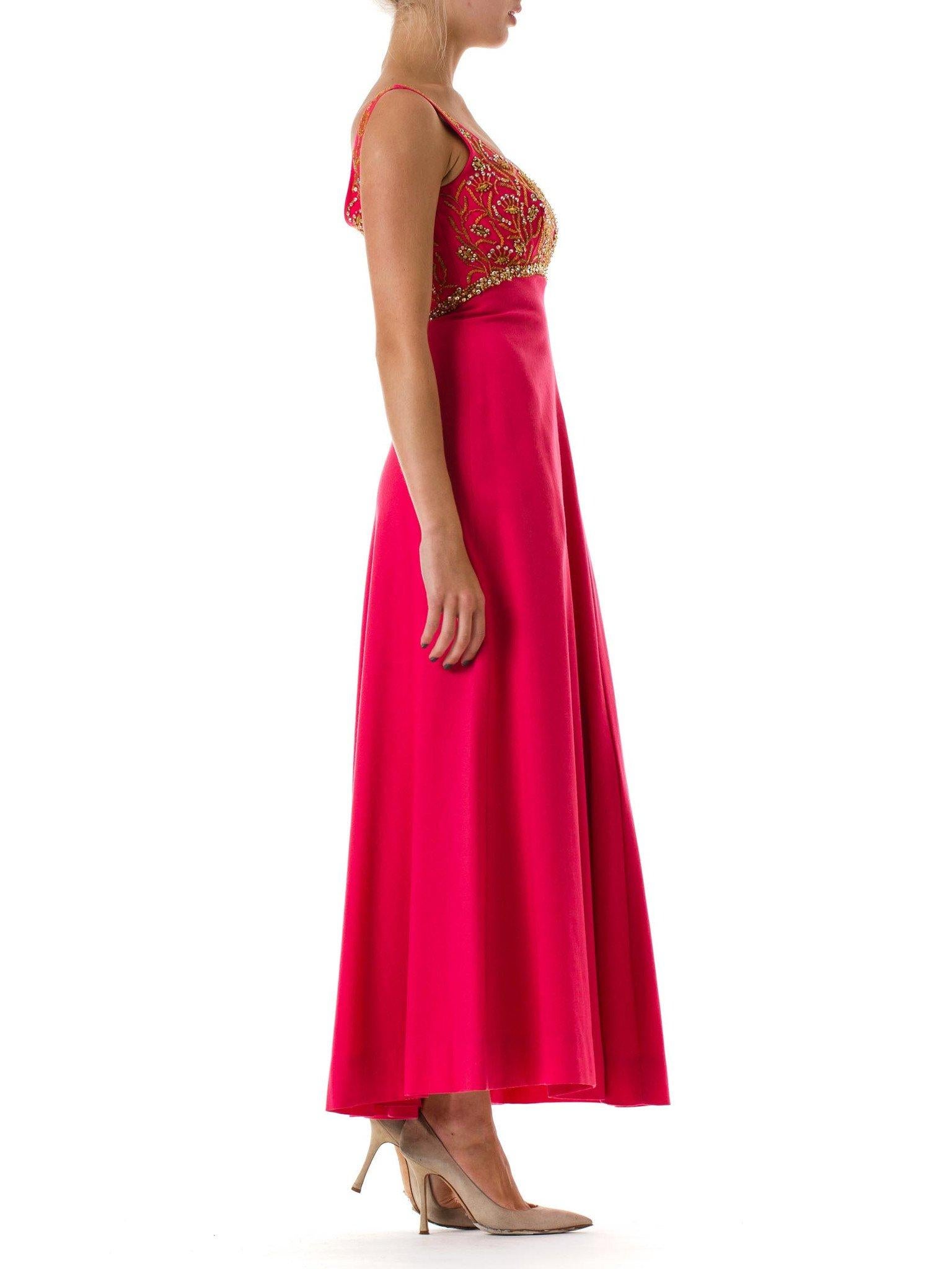 1960S MALCOLM STARR Hot Pink Wool Empire Waist Gown Beaded With Golden Crystal  In Excellent Condition In New York, NY