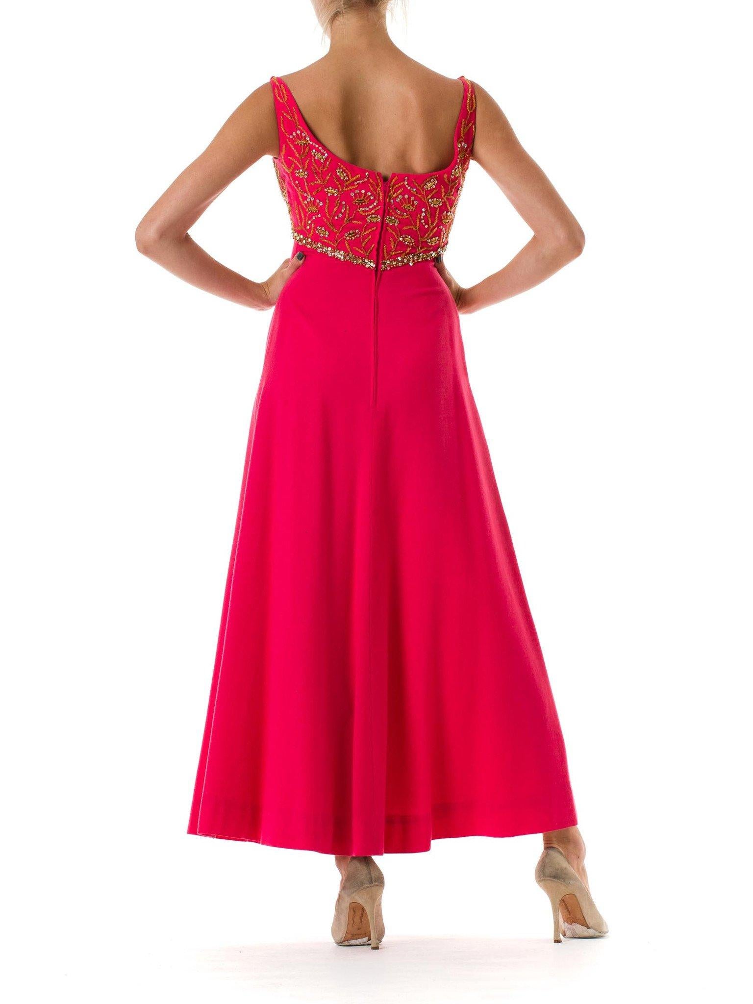 Women's 1960S MALCOLM STARR Hot Pink Wool Empire Waist Gown Beaded With Golden Crystal 