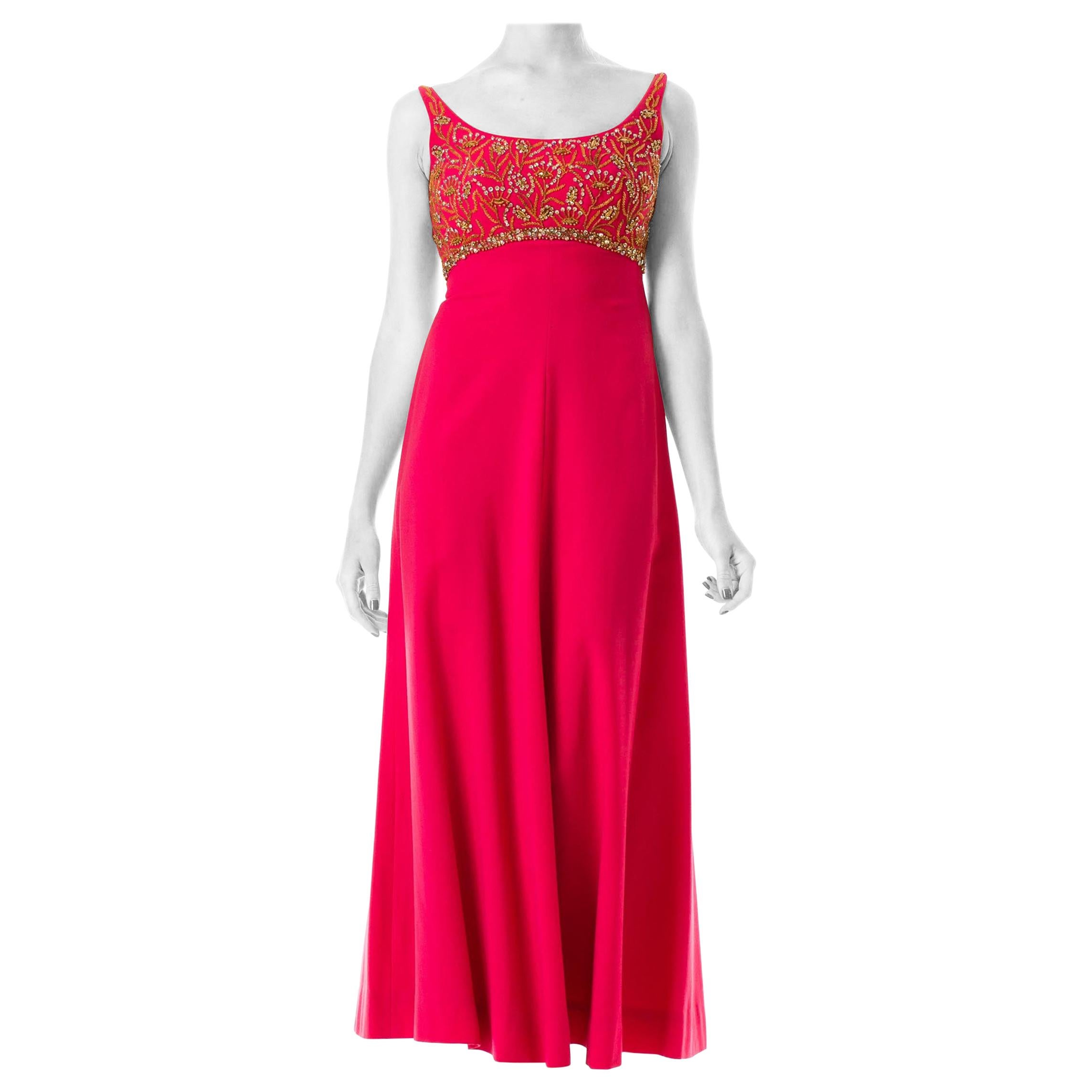 1960S MALCOLM STARR Hot Pink Wool Empire Waist Gown Beaded With Golden Crystal 