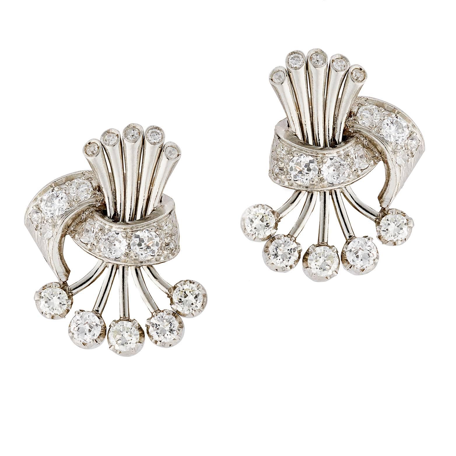 1950s Brilliant Cut Diamond Platinum and 18K White Gold Earrings