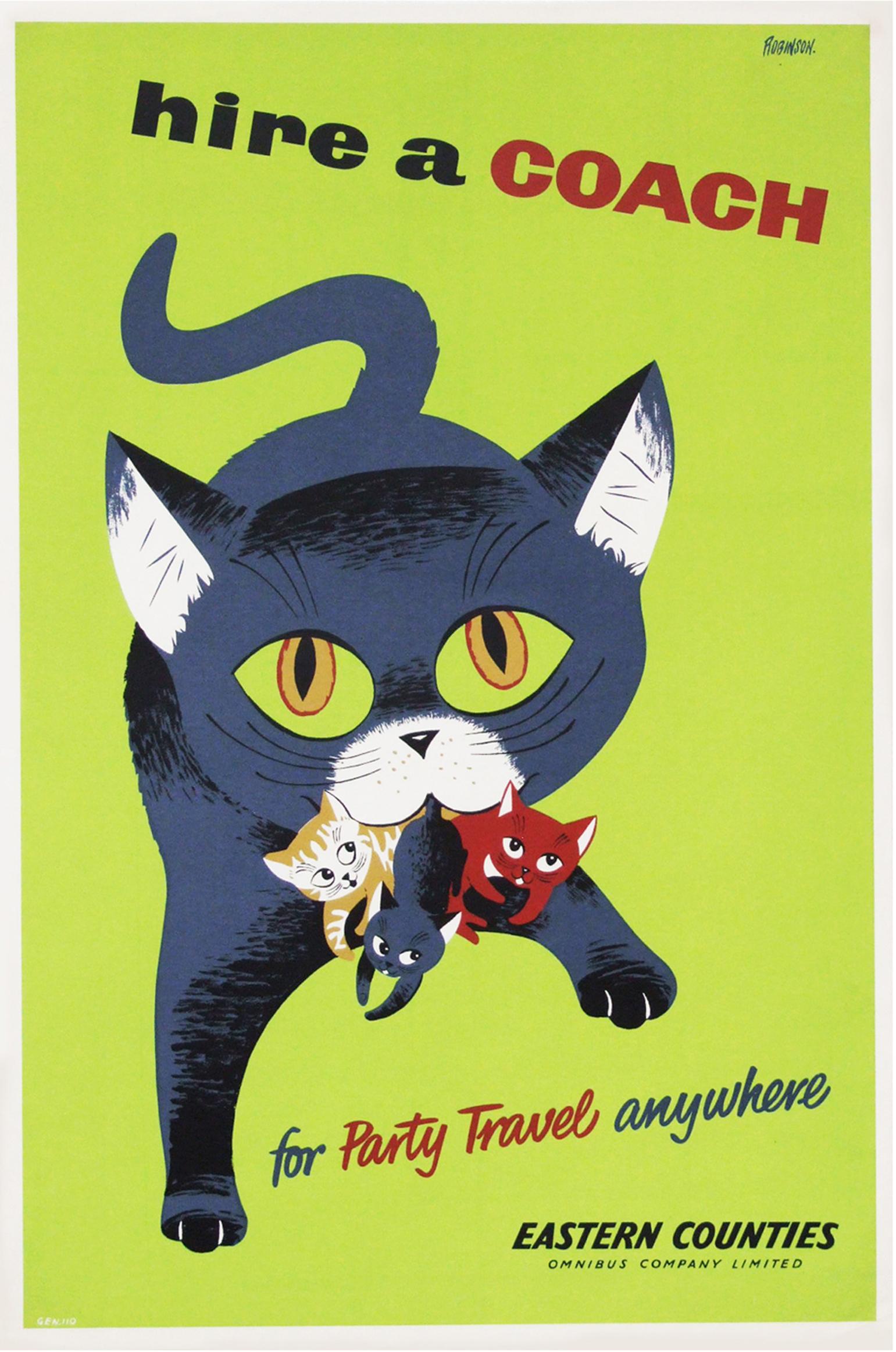 Mid-Century Modern 1950s British Coach Travel Poster Cat Illustration Design