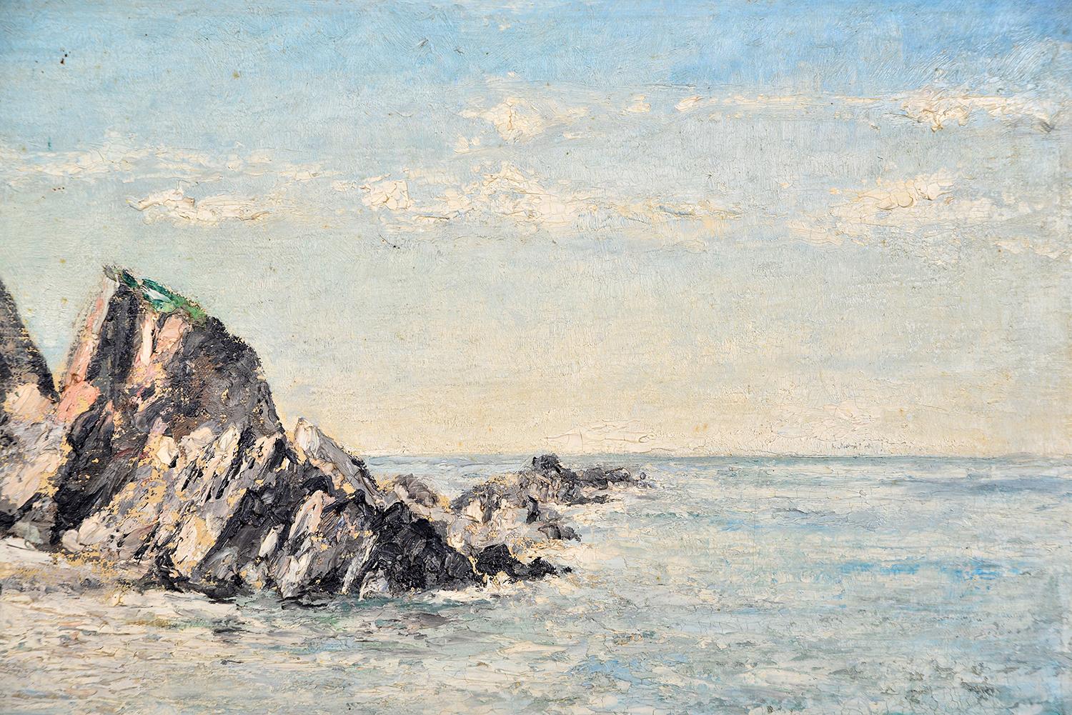 Peinture à l'huile sur panneau - Scène côtière britannique des années 1950 - Paysage marin par Arthur E. Milne en vente 3