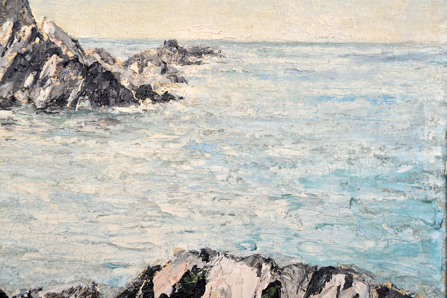 Peinture à l'huile sur panneau - Scène côtière britannique des années 1950 - Paysage marin par Arthur E. Milne en vente 4