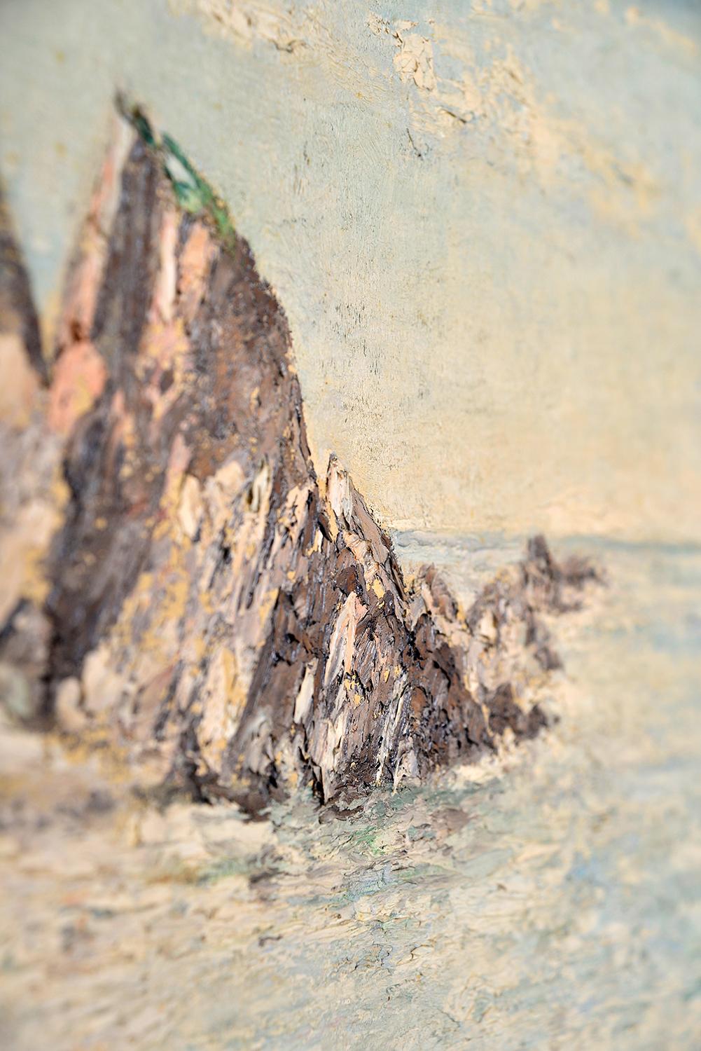 Peinture à l'huile sur panneau - Scène côtière britannique des années 1950 - Paysage marin par Arthur E. Milne en vente 5