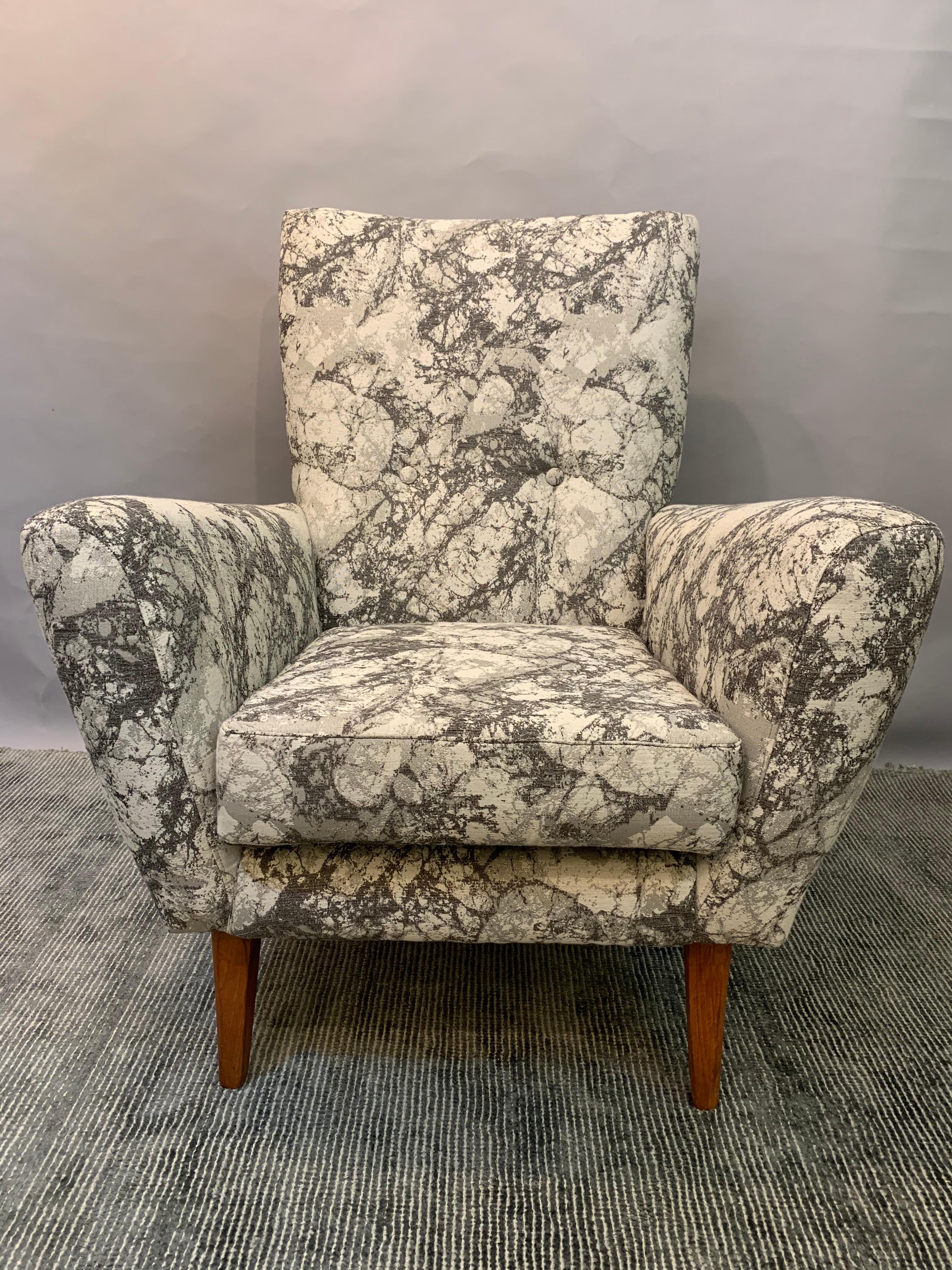 Mid-Century Modern 1950s British Made Armchair in Marble Effect Dark and Light Grey Fabric
