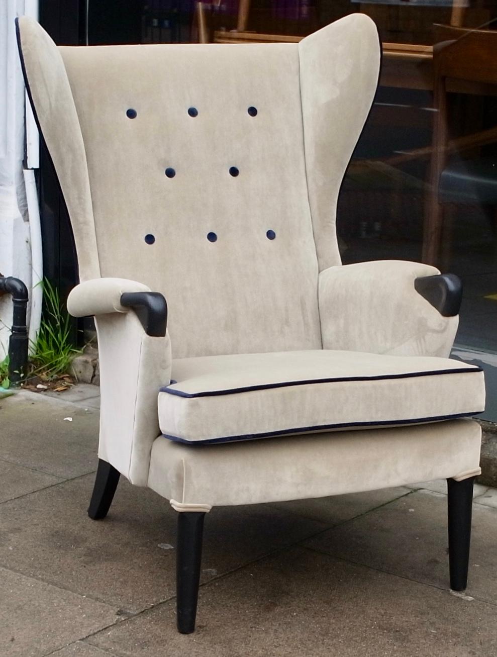 Mid-Century Modern  1950s British Wingback Armchair Upholstered in Velvet Textile For Sale