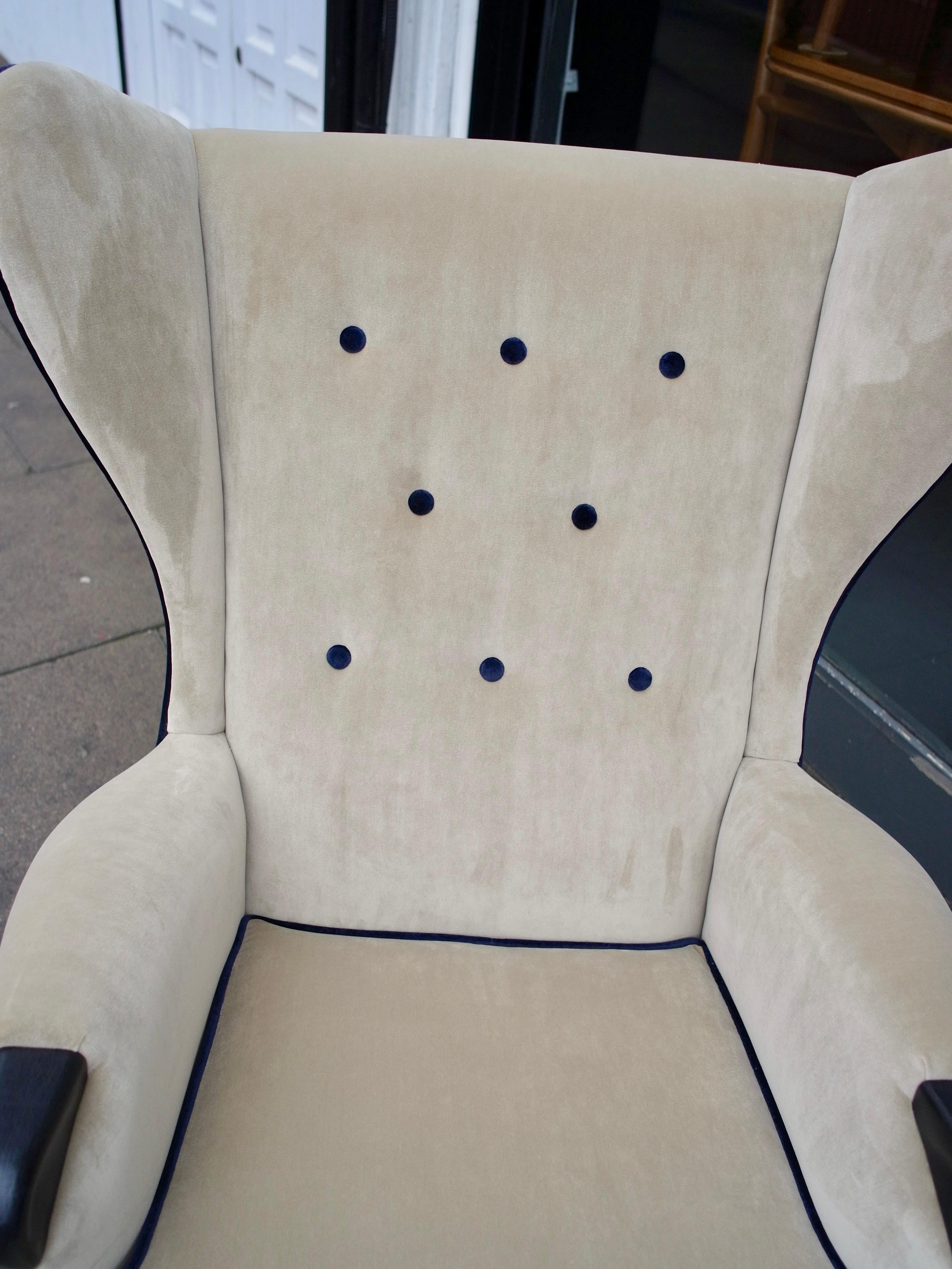 Upholstery  1950s British Wingback Armchair Upholstered in Velvet Textile For Sale