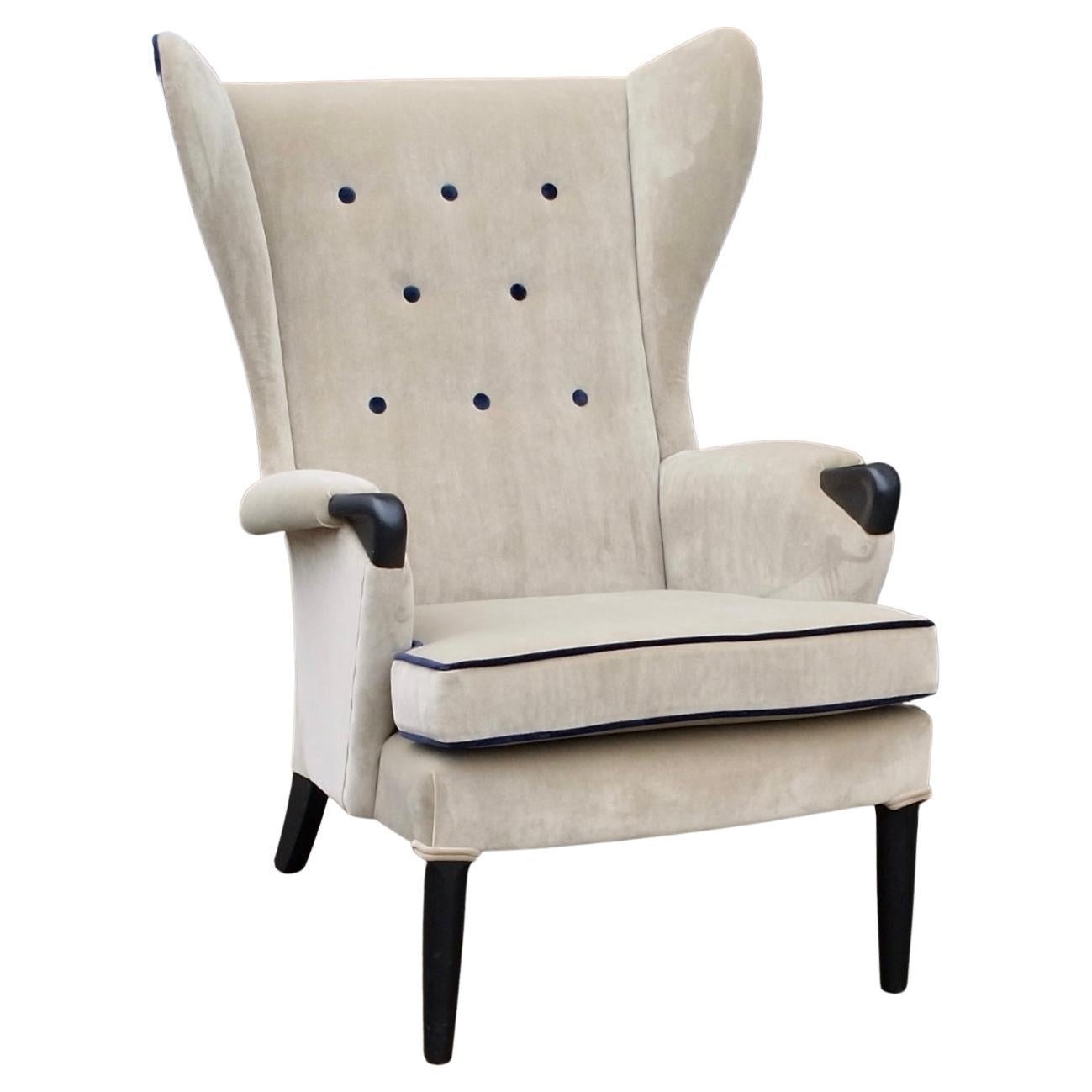  1950s British Wingback Armchair Upholstered in Velvet Textile For Sale