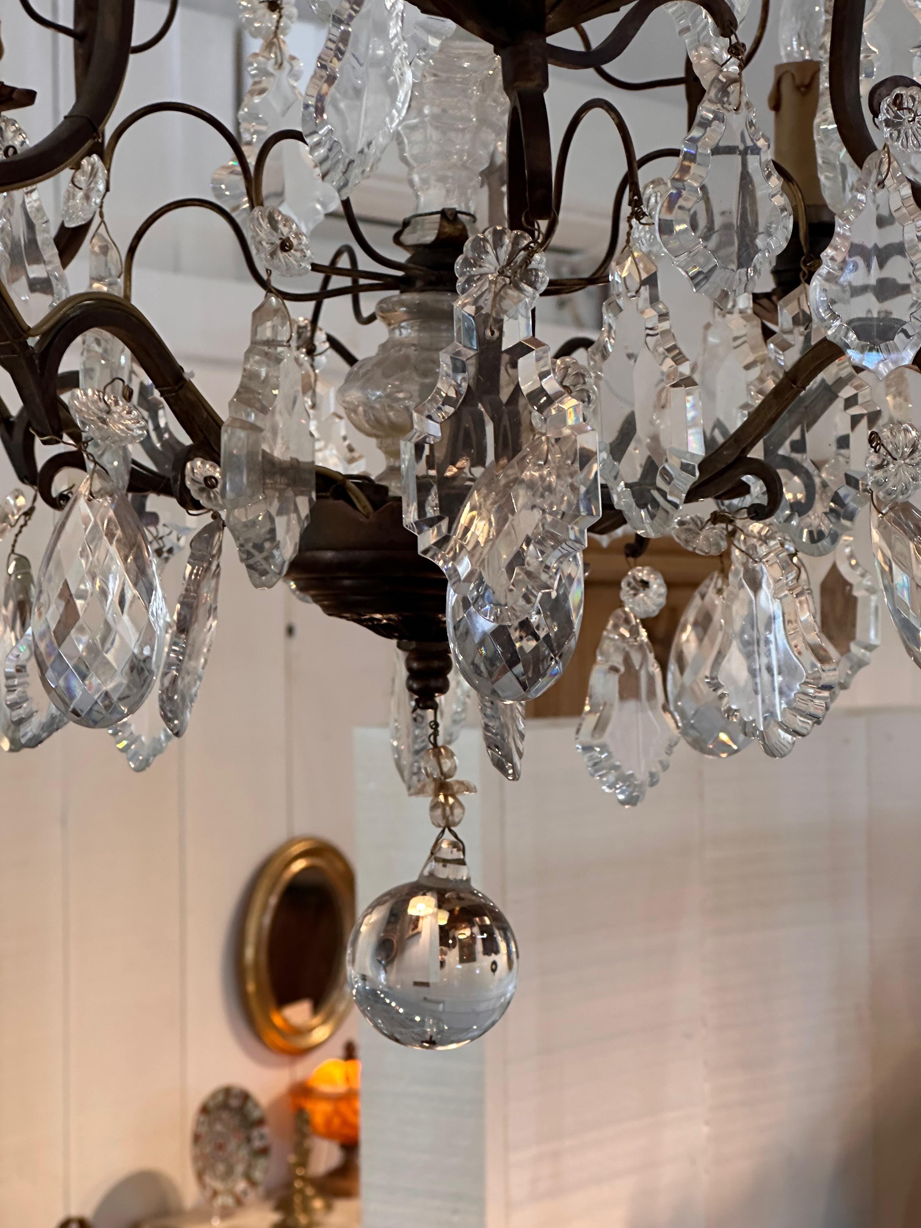 French 1950s Bronze and Crystal Chandelier For Sale