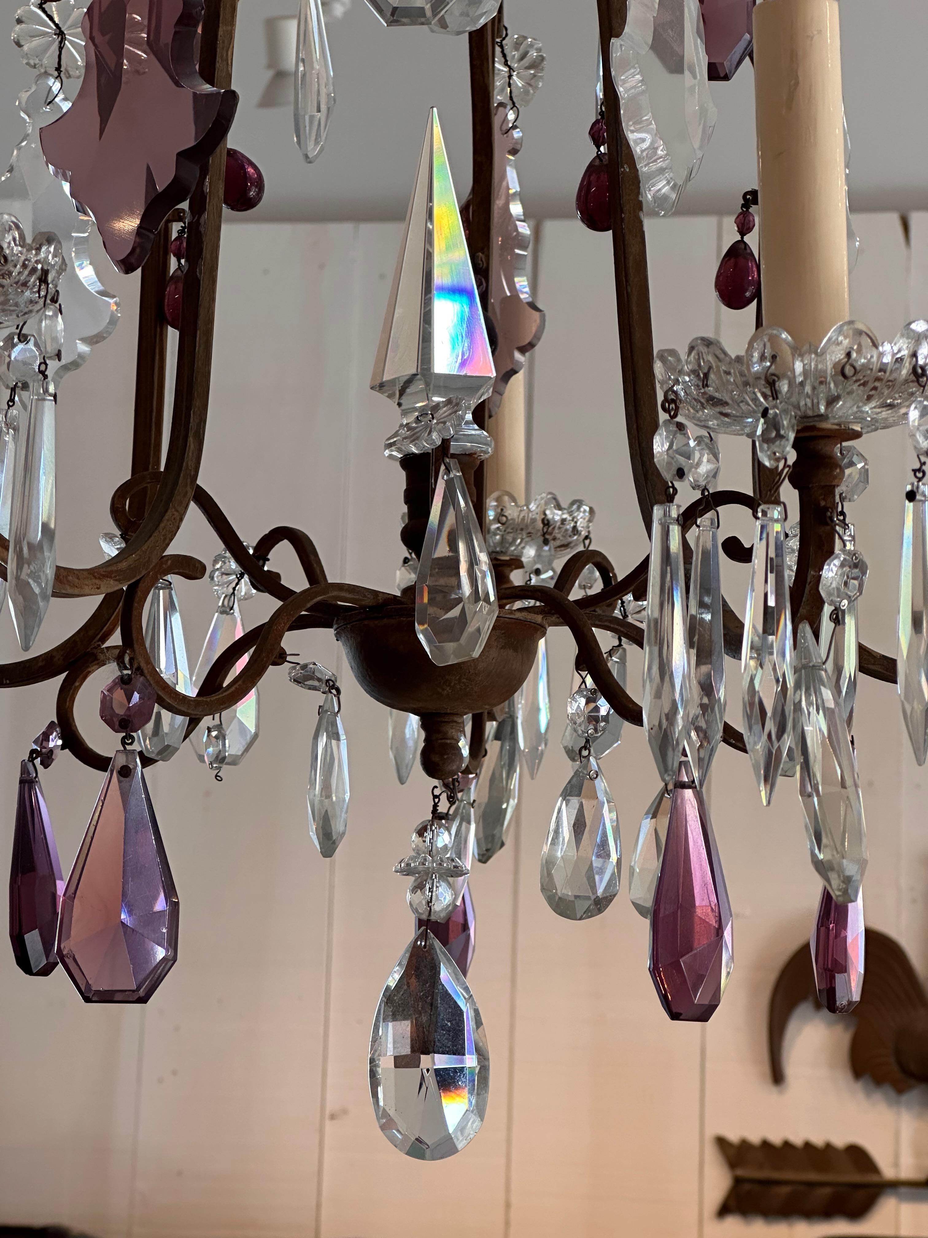 French 1950s Bronze and Crystal Chandelier