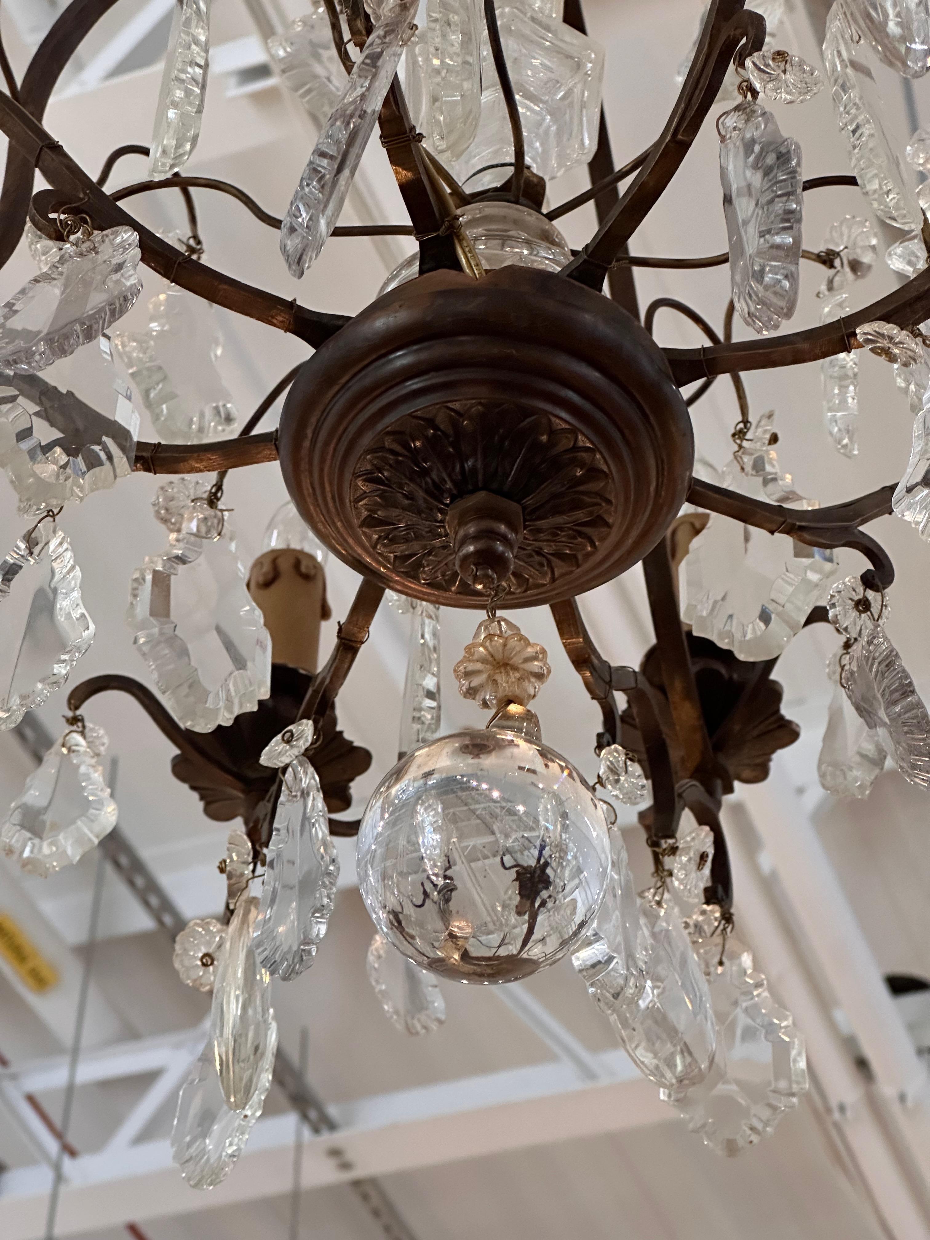 Mid-20th Century 1950s Bronze and Crystal Chandelier For Sale