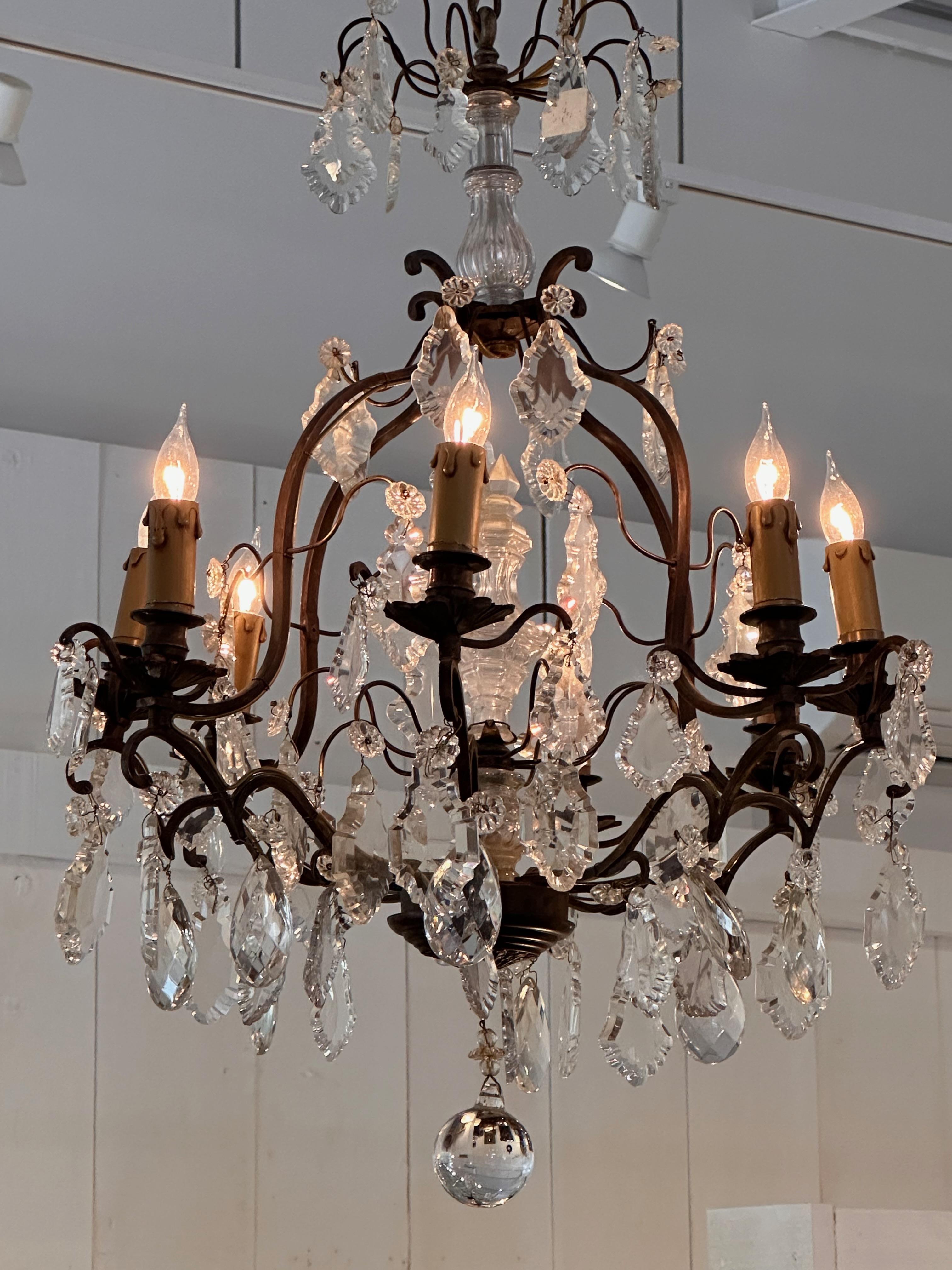1950s Bronze and Crystal Chandelier For Sale 1
