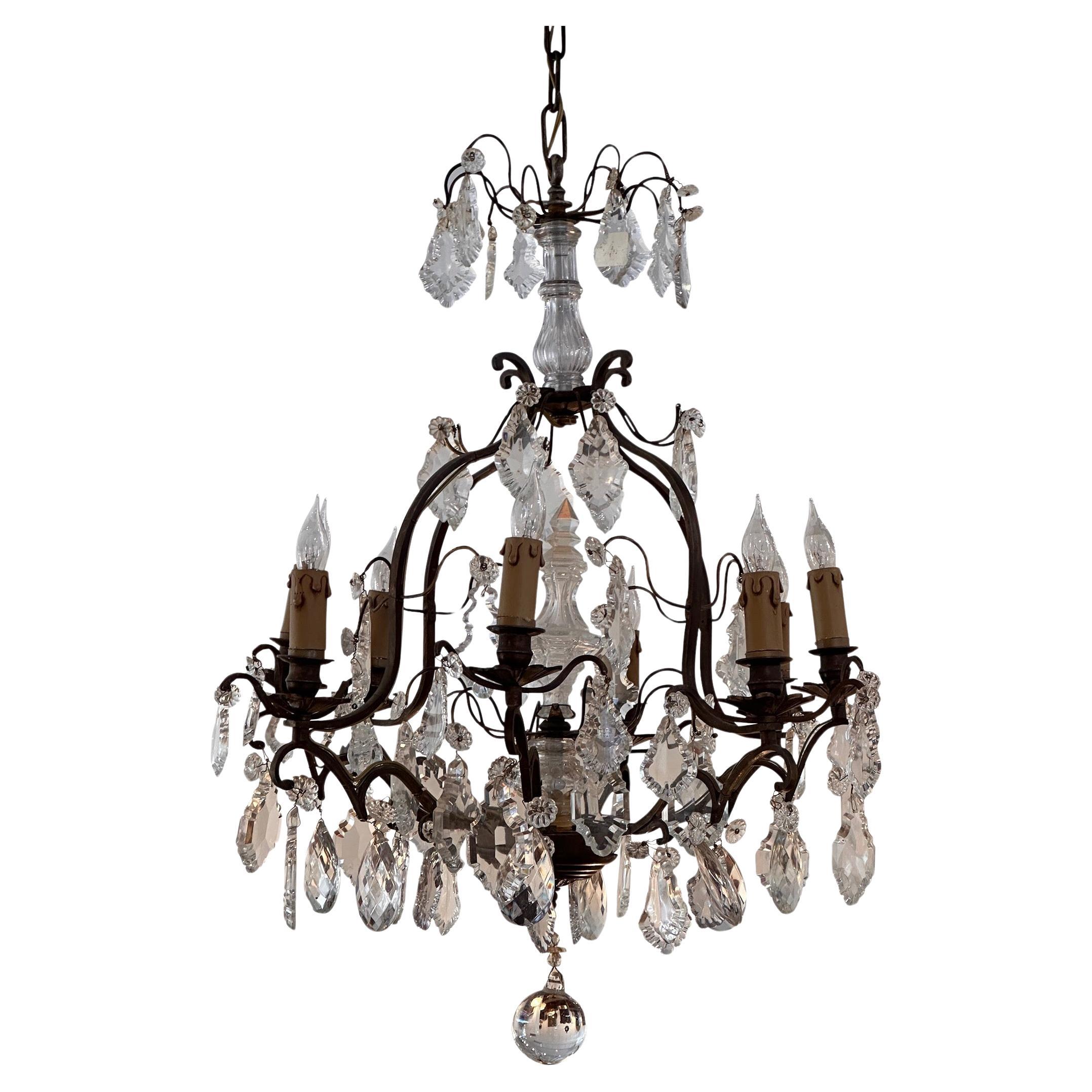 1950s Bronze and Crystal Chandelier For Sale