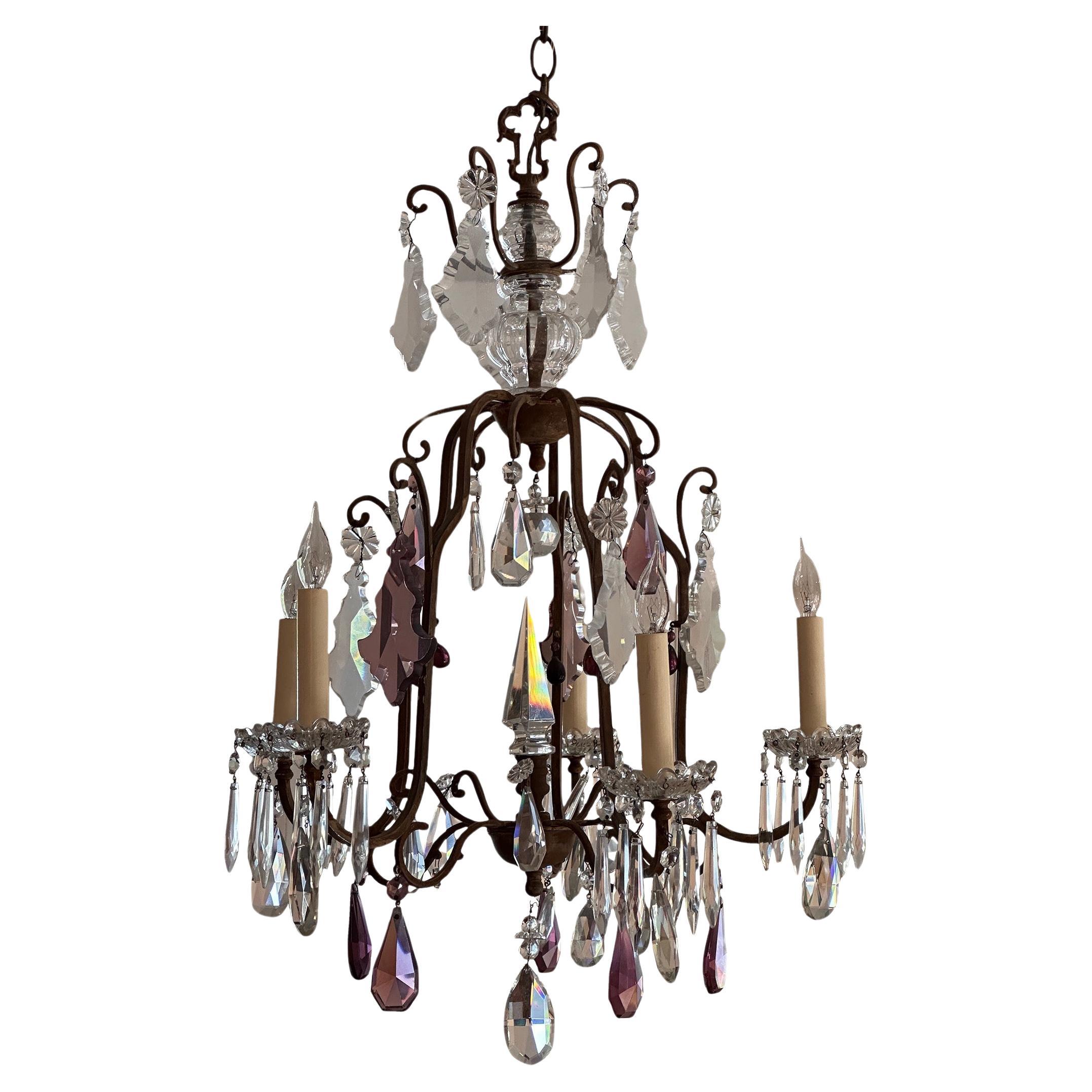 1950s Bronze and Crystal Chandelier