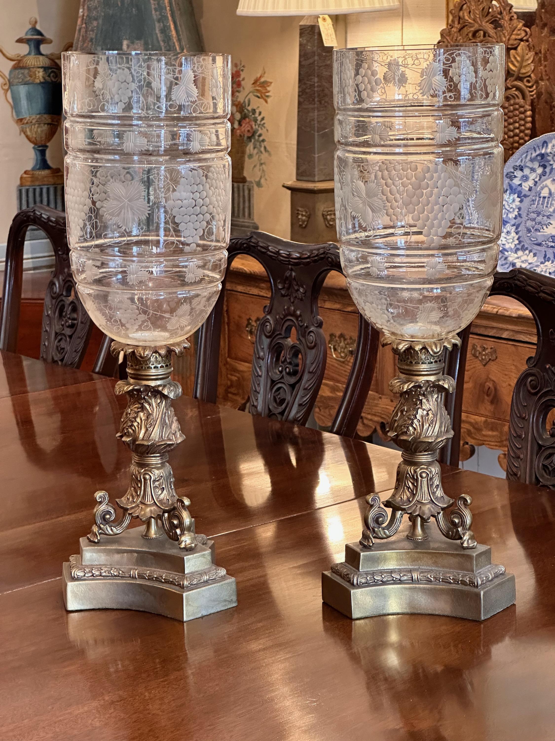European 1950s Bronze and Etched Glass Hurricanes - a Pair For Sale