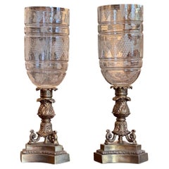 Retro 1950s Bronze and Etched Glass Hurricanes - a Pair