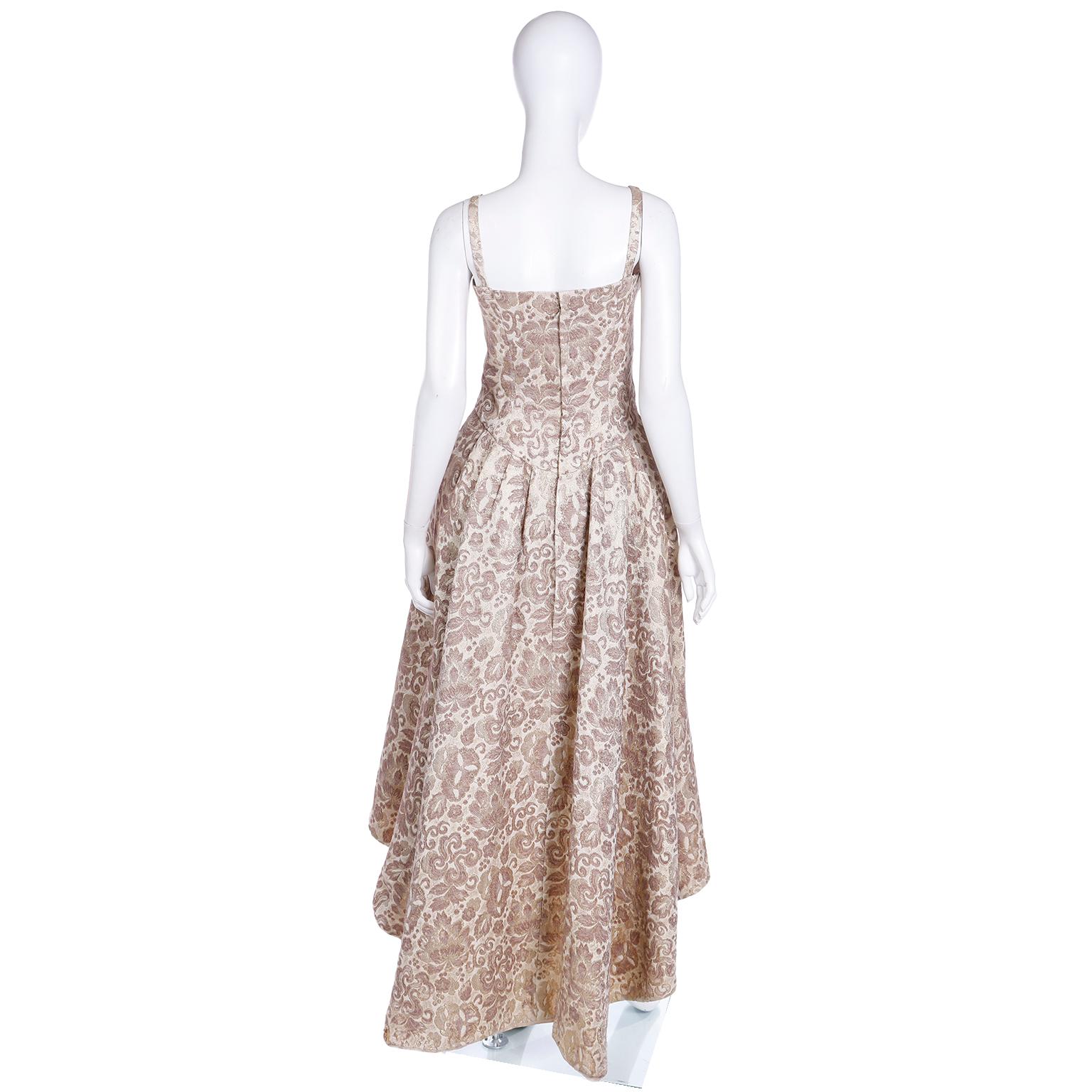 Women's 1950s Bronze Gold Metallic Jacquard High Low Evening Dress With Bows For Sale