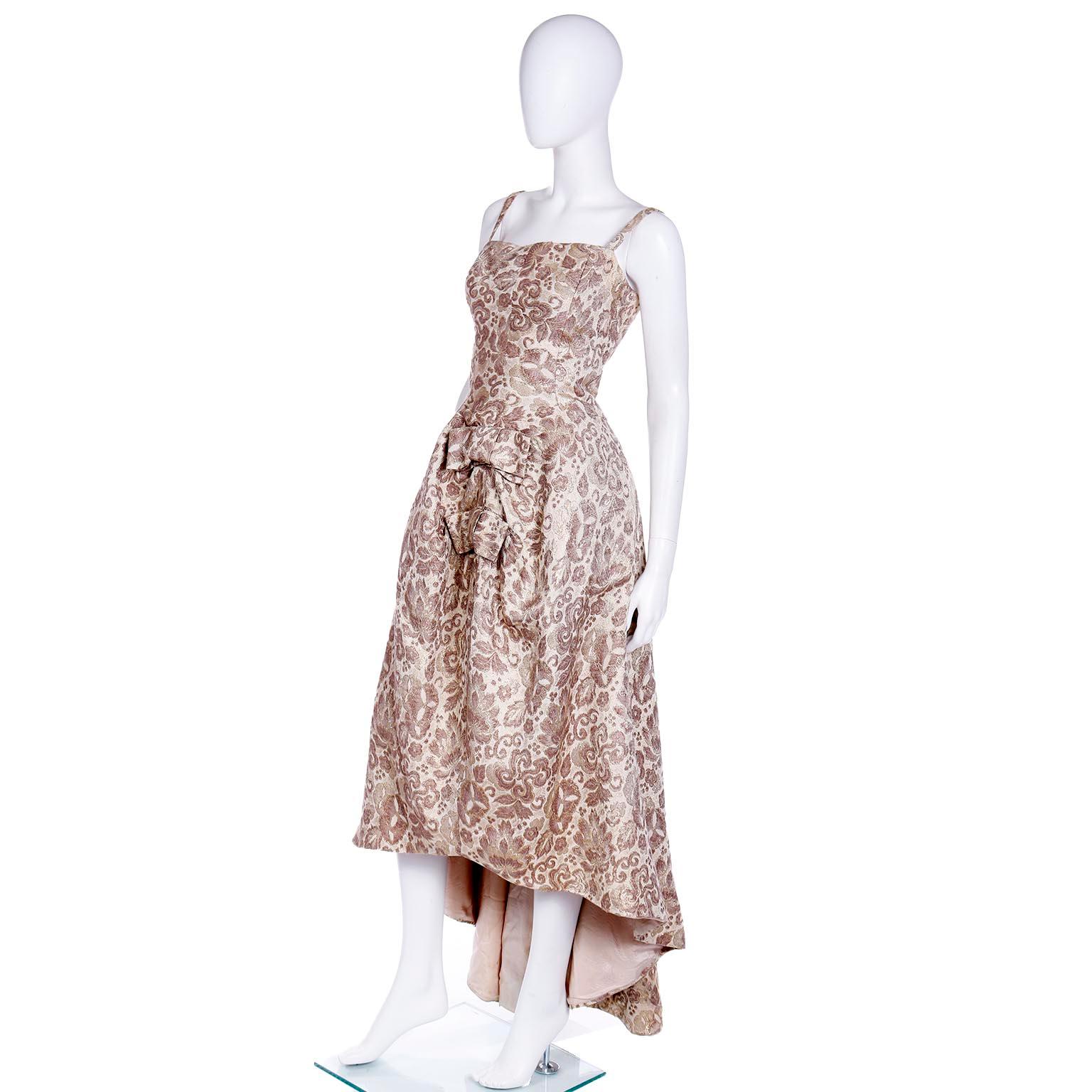 1950s Bronze Gold Metallic Jacquard High Low Evening Dress With Bows For Sale 1