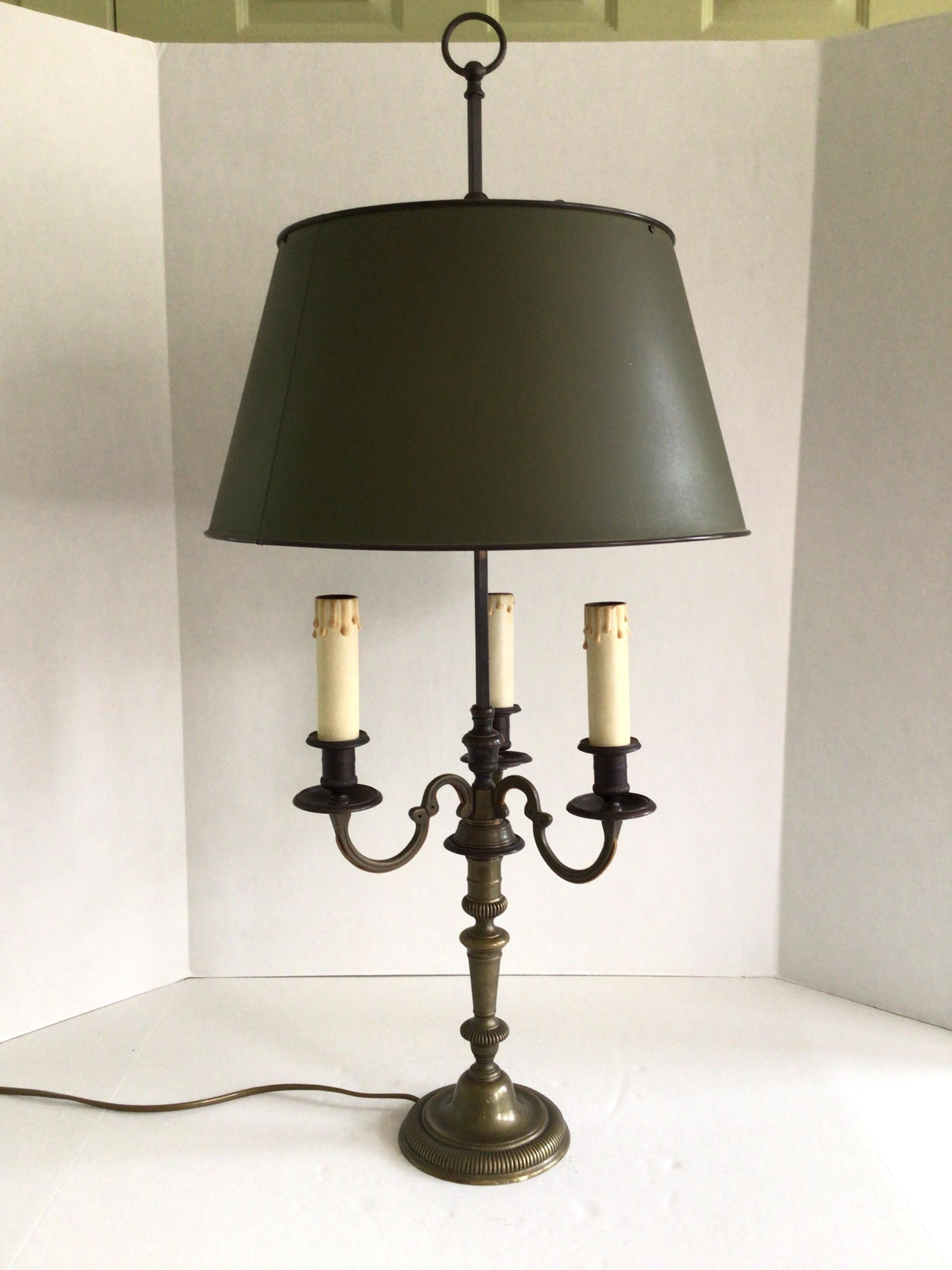 Bronze Three Light Bouillotte Table Lamp with Painted Tole Shade
Height to top of finial
Needs rewiring
