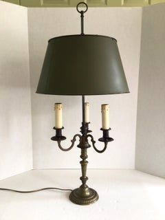 1950s Bronze Three Light Bouillotte Table Lamp with Painted Tole Shade