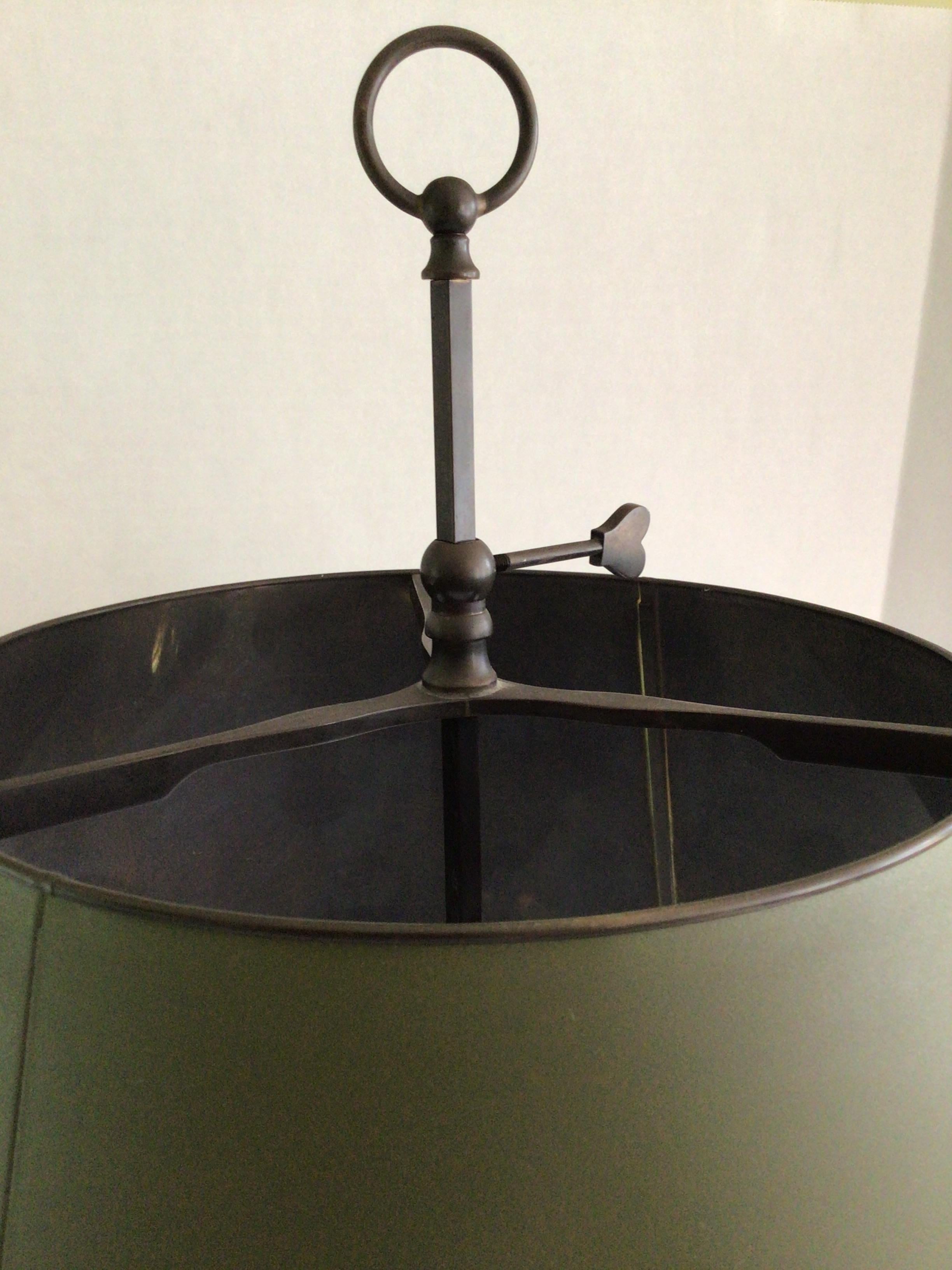 Cast 1950s Bronze Three Light Bouillotte Table Lamp with Painted Tole Shade For Sale