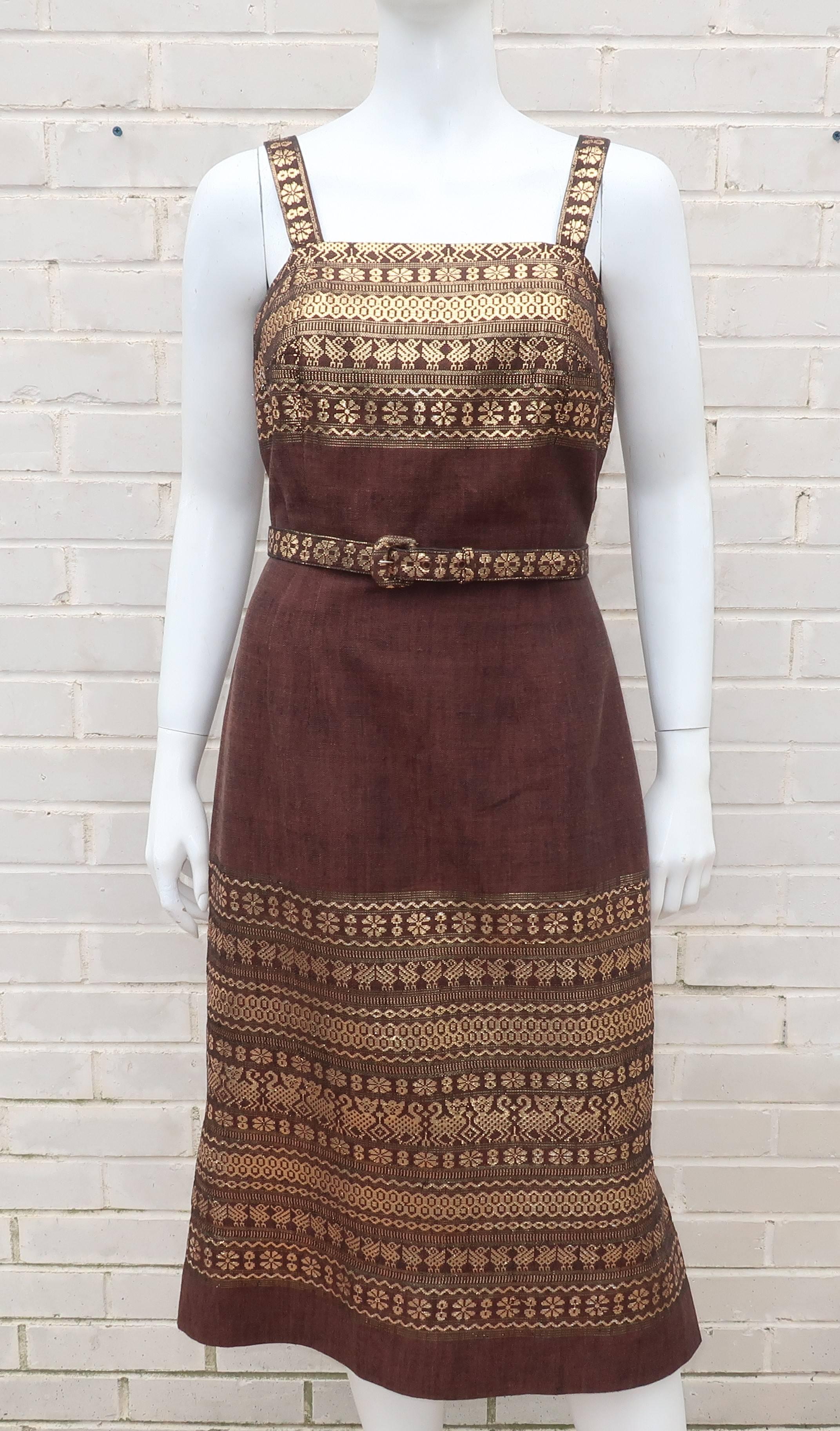 1950’s Brown & Gold Linen Dress With Capelet & Handbag In Good Condition In Atlanta, GA