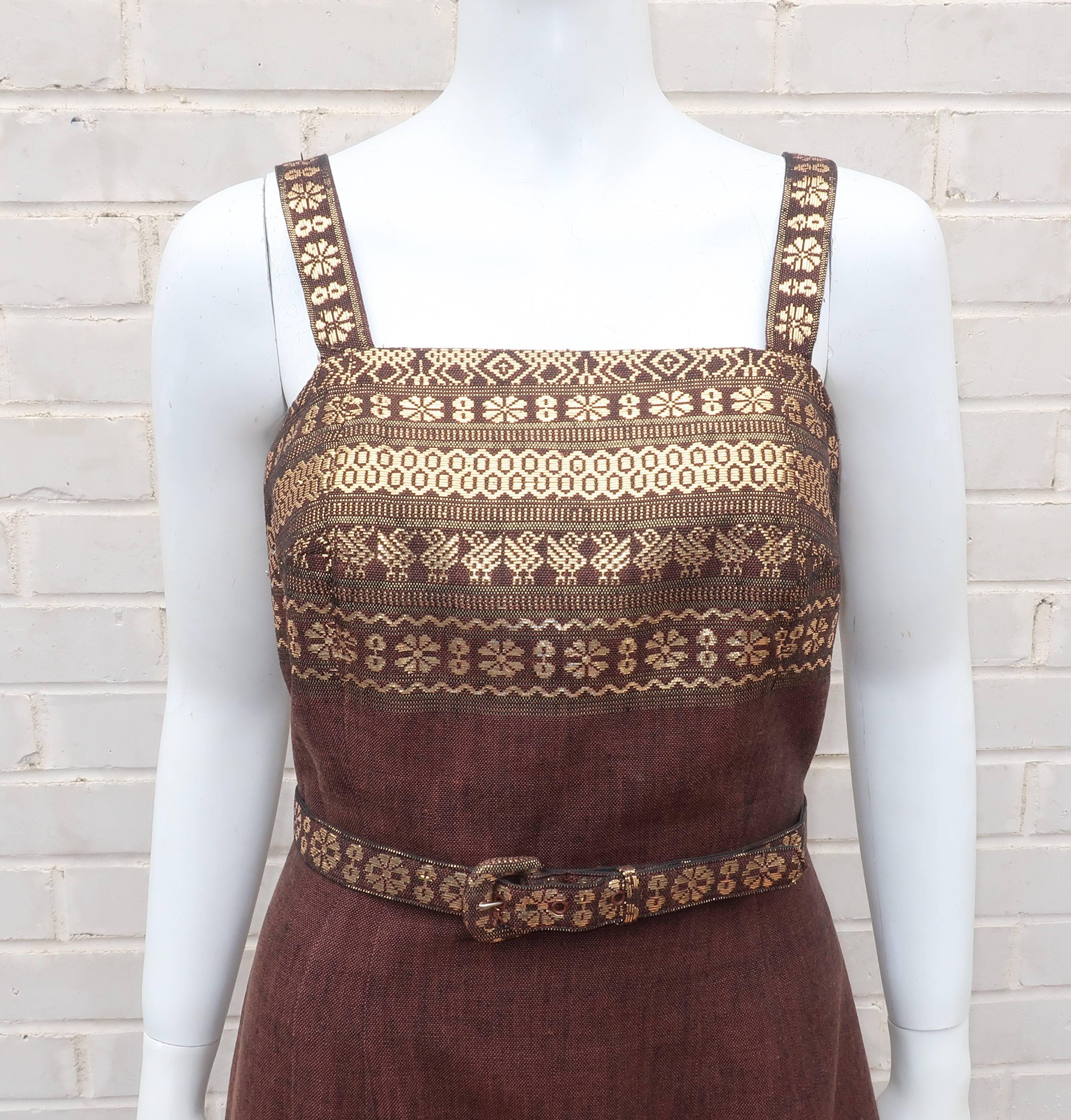 Women's 1950’s Brown & Gold Linen Dress With Capelet & Handbag