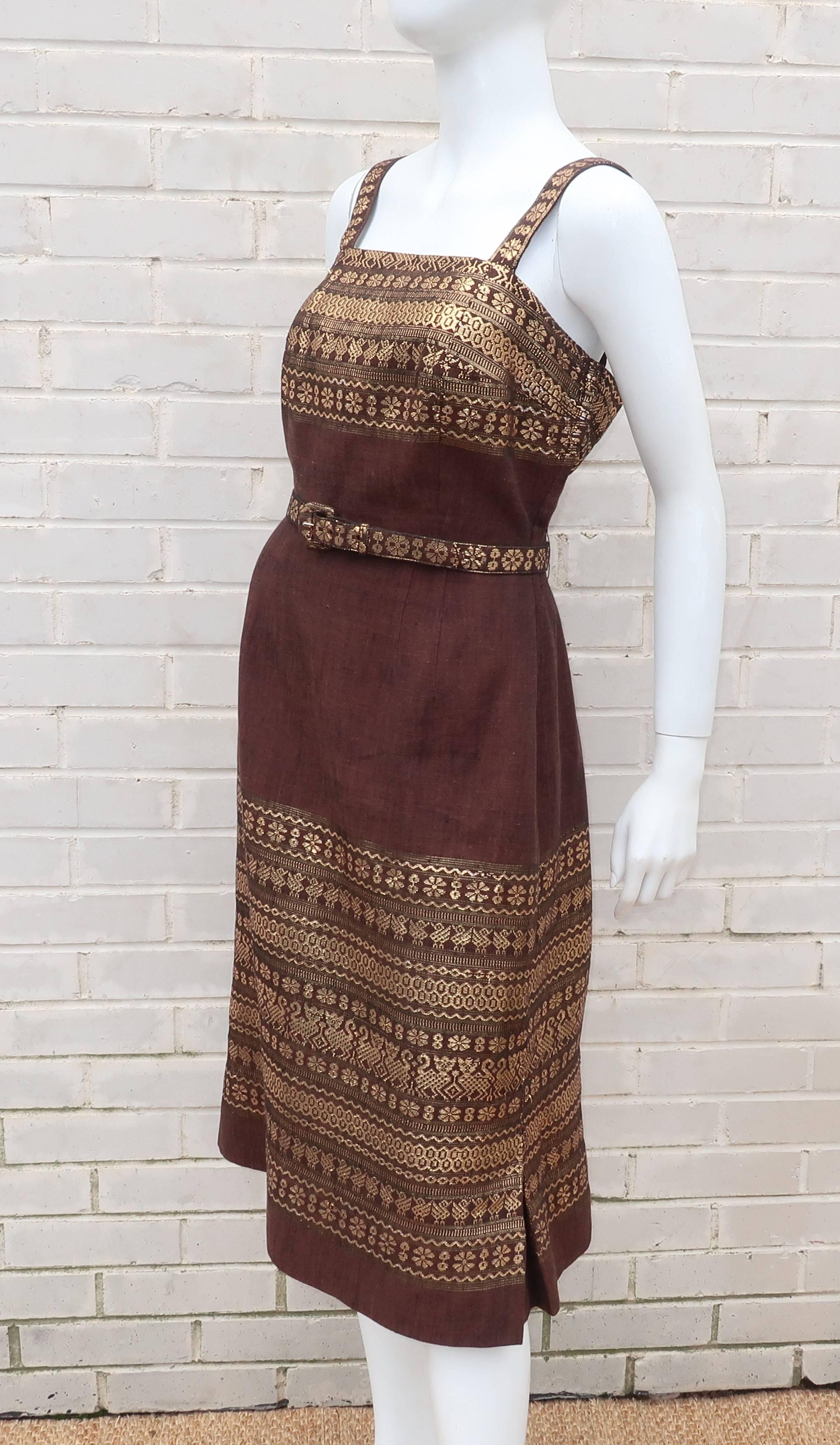 1950’s Brown & Gold Linen Dress With Capelet & Handbag 1
