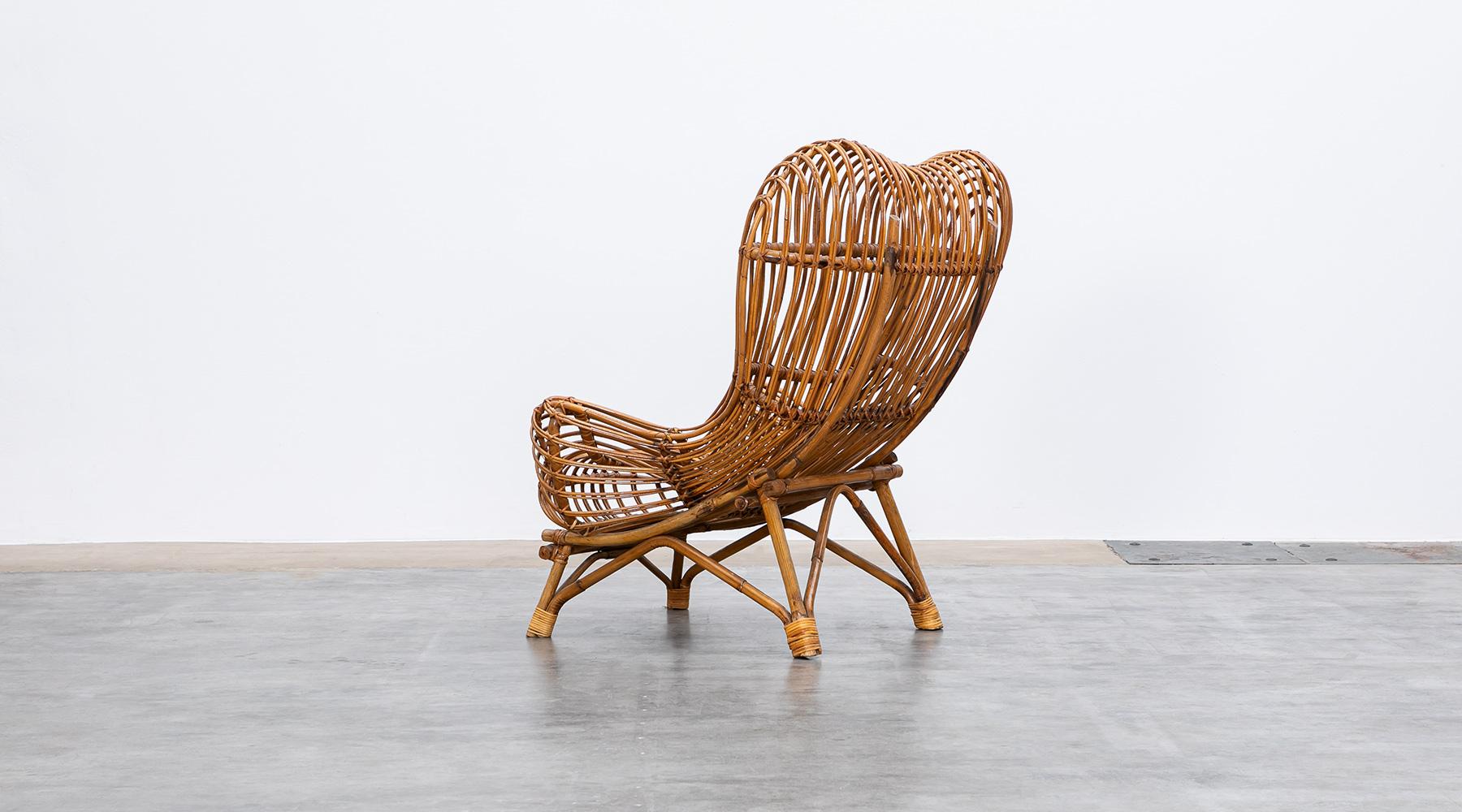 Italian 1950s Brown Basketwork Lounge Chair by Franco Albini