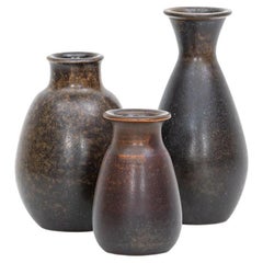 1950s Brown, Black Stoneware Vases Set of Three by Erich and Ingrid Triller