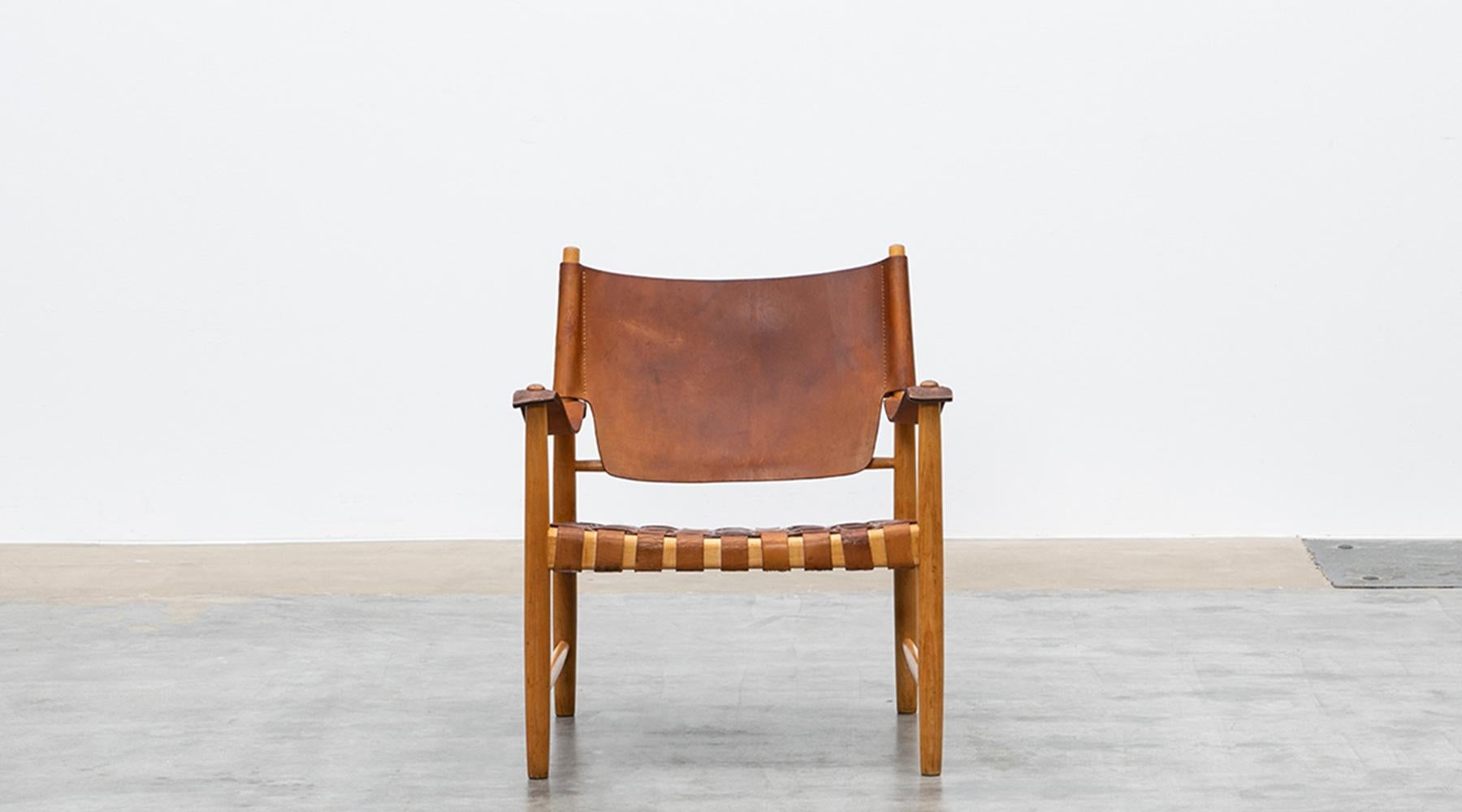 Mid-Century Modern 1950s Brown Leather and Oak Safari Lounge Chairs
