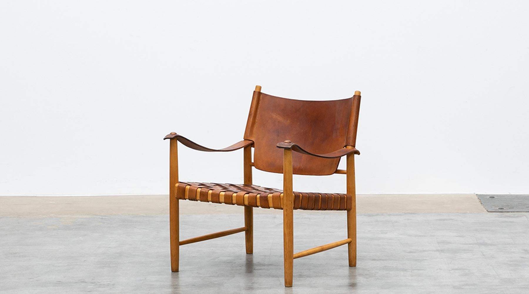 Danish 1950s Brown Leather and Oak Safari Lounge Chairs