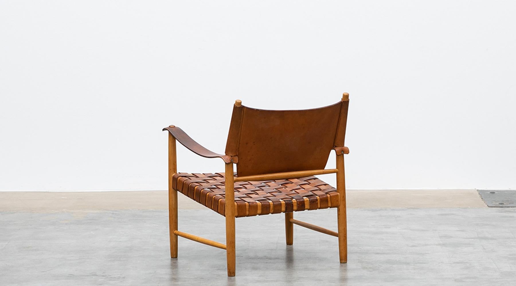 1950s Brown Leather and Oak Safari Lounge Chairs 3