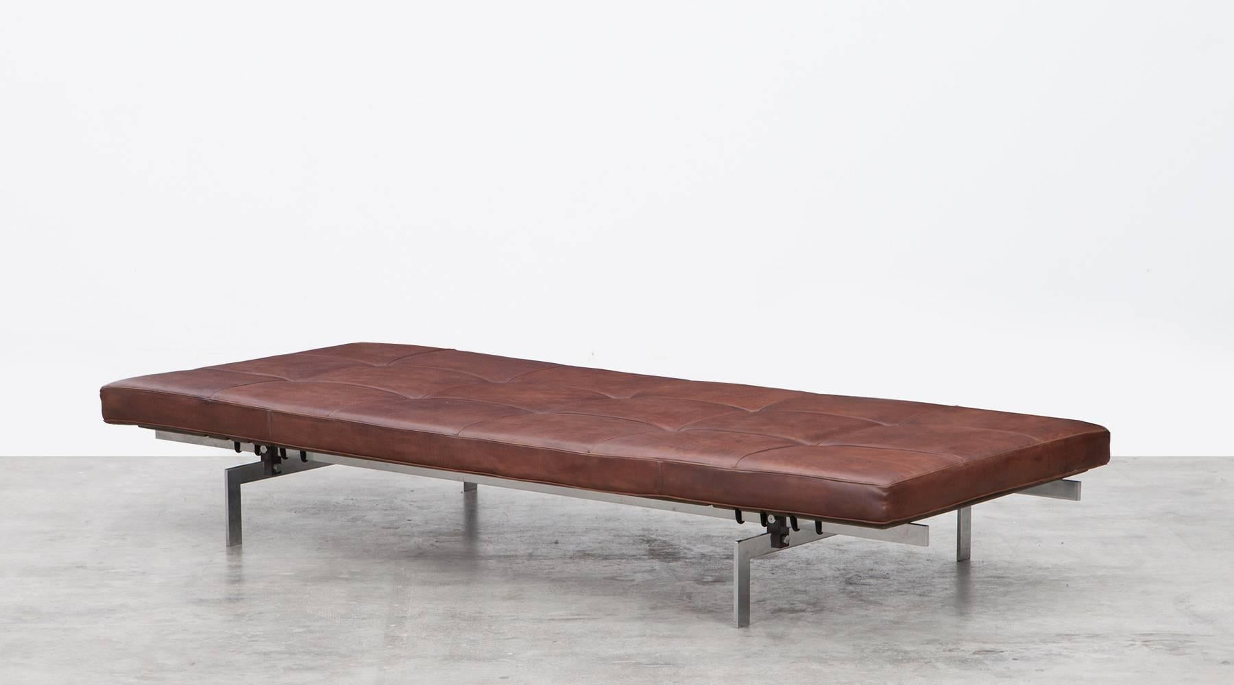 Mid-Century Modern 1950s Brown Leather and Steel Base Daybed by Poul Kjaerholm