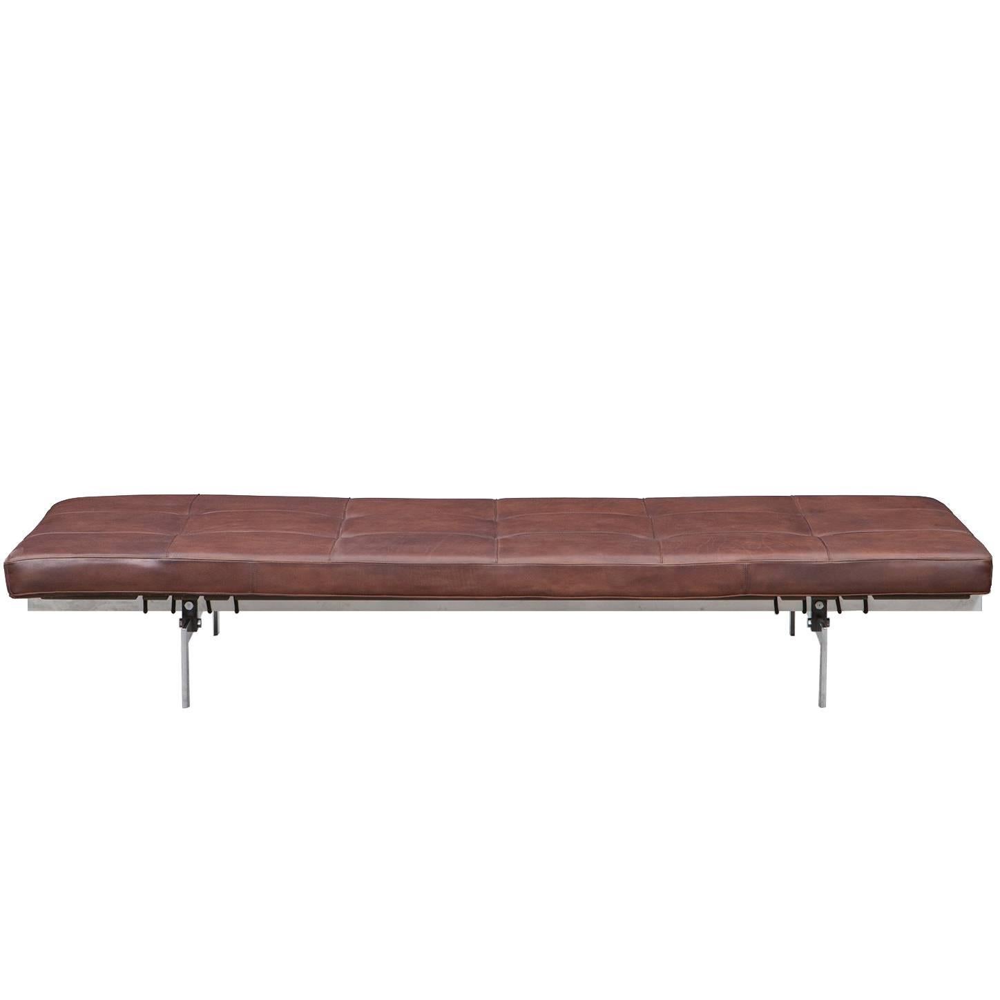 1950s Brown Leather and Steel Base Daybed by Poul Kjaerholm