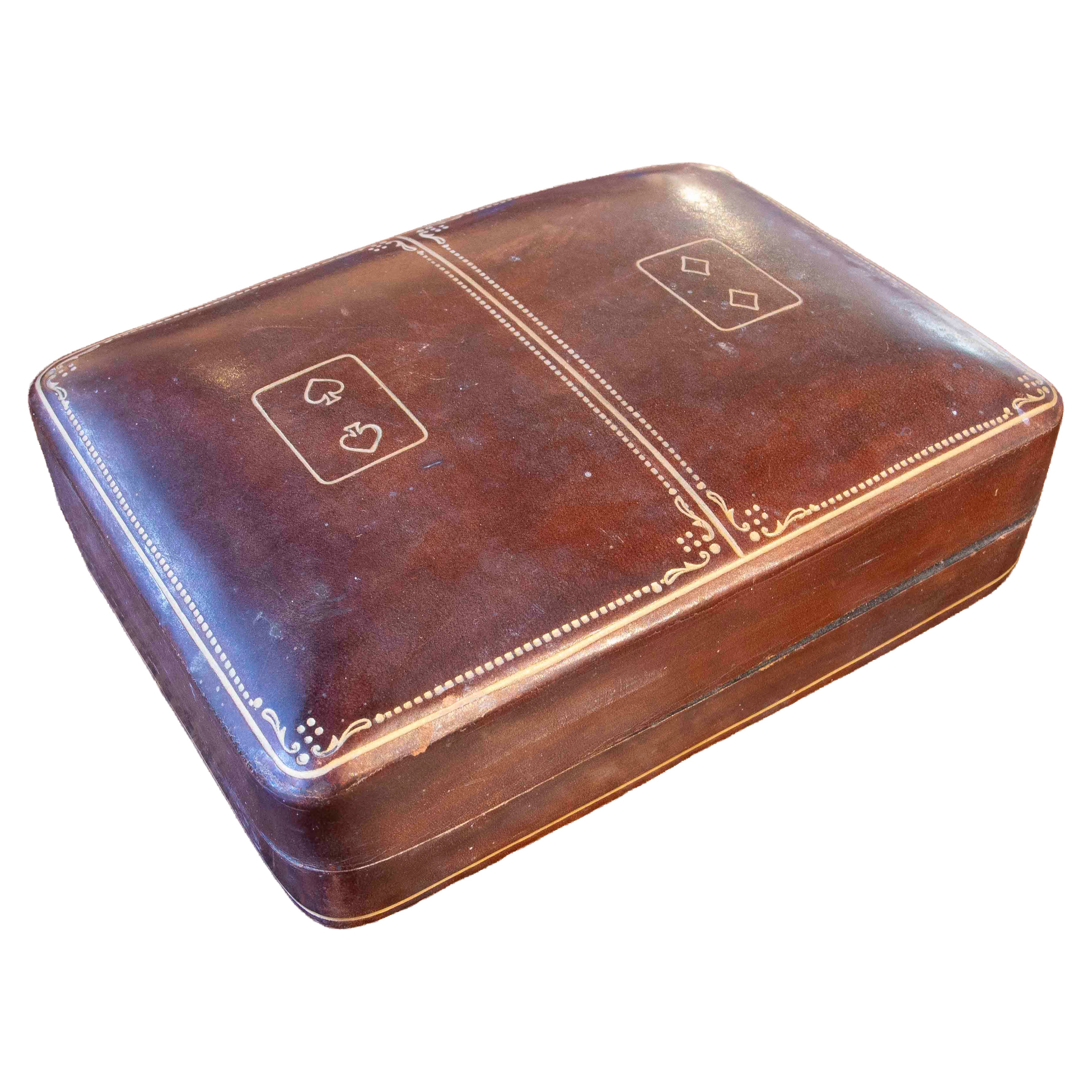 1950s Brown Leather Box with Card Decoration and Gold Trim, Italy For Sale