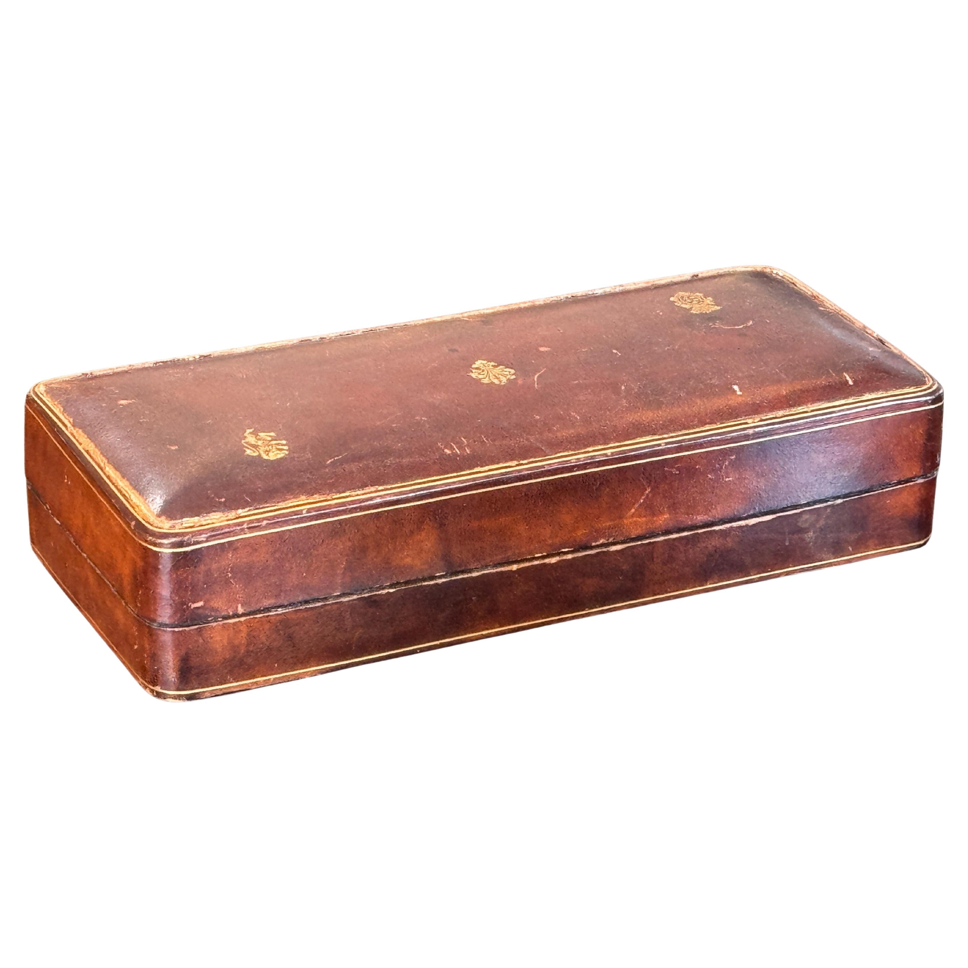1950s Brown Leather Box With Gilt Crest
