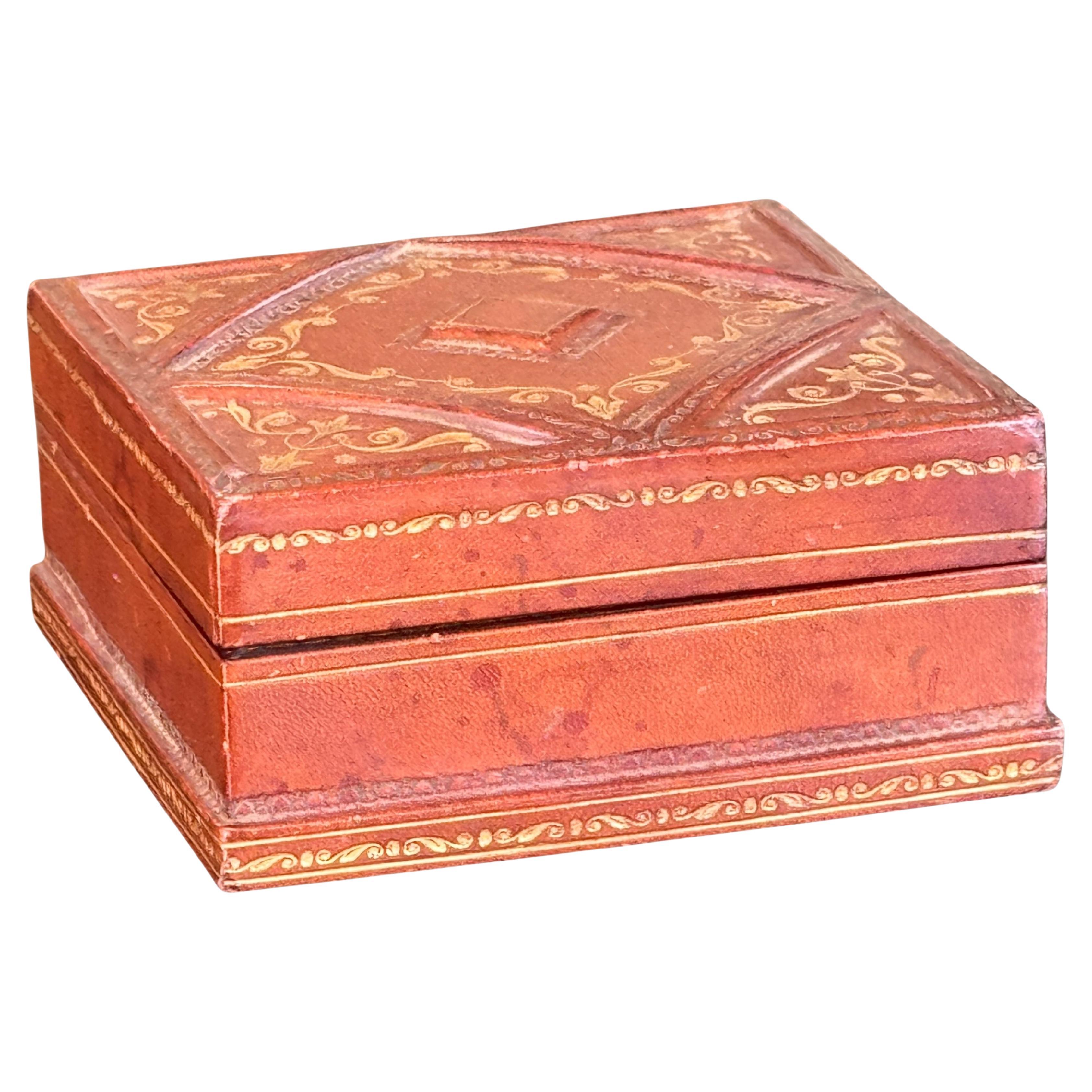 1950s Brown Leather Box With Gilt Decoration