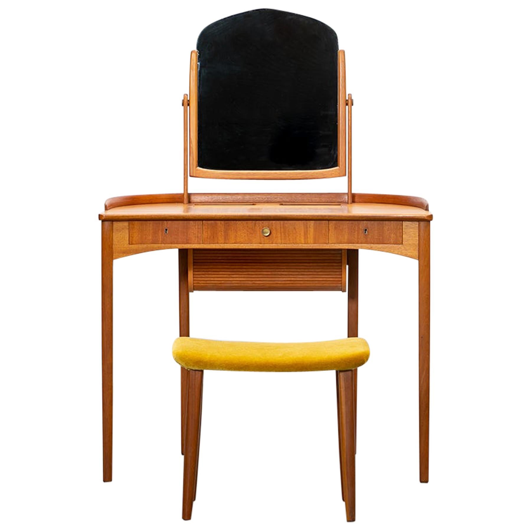 1950s Brown Teak Dressing Table with Stool by Carl Malmsten