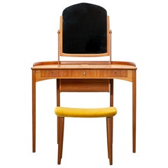 Vintage 1950s Brown Teak Dressing Table with Stool by Carl Malmsten