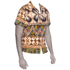 Vintage 1950S Brown Tiki Tropical Cotton Men's Shirt Made In Hawaii