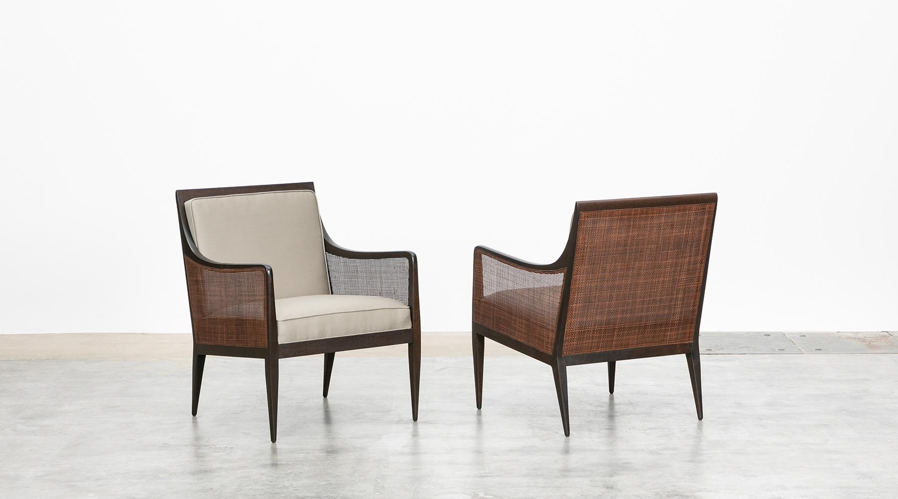 Mid-Century Modern 1950s Brown Walnut and Cane Lounge Chairs by Kipp Stewart, New Upholstery