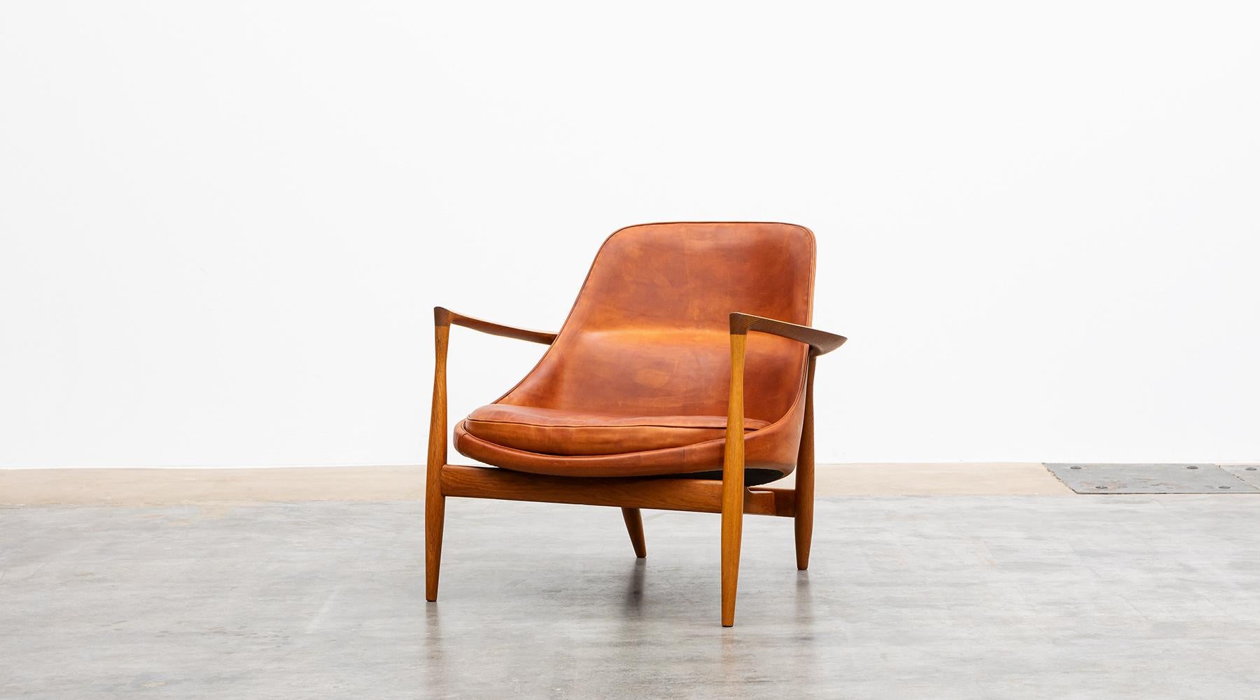 Mid-Century Modern 1950's Brown Wooden and Leather Lounge Chairs with Ottoman by Ib Kofod-Larsen For Sale