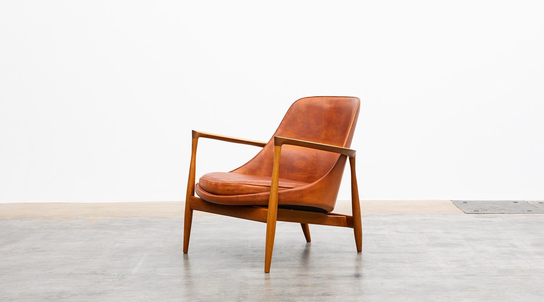 Danish 1950's Brown Wooden and Leather Lounge Chairs with Ottoman by Ib Kofod-Larsen For Sale