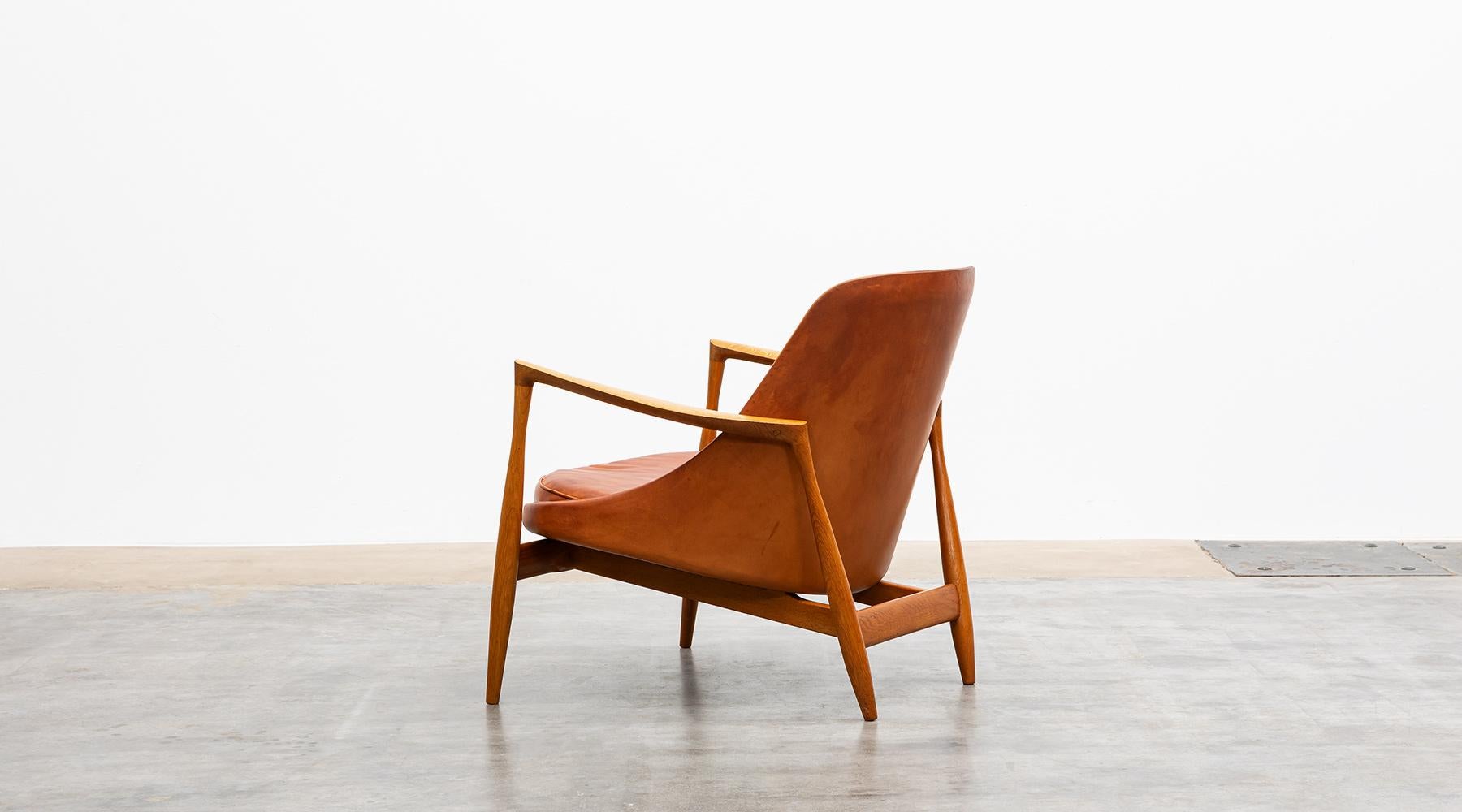 Mid-20th Century 1950's Brown Wooden and Leather Lounge Chairs with Ottoman by Ib Kofod-Larsen For Sale