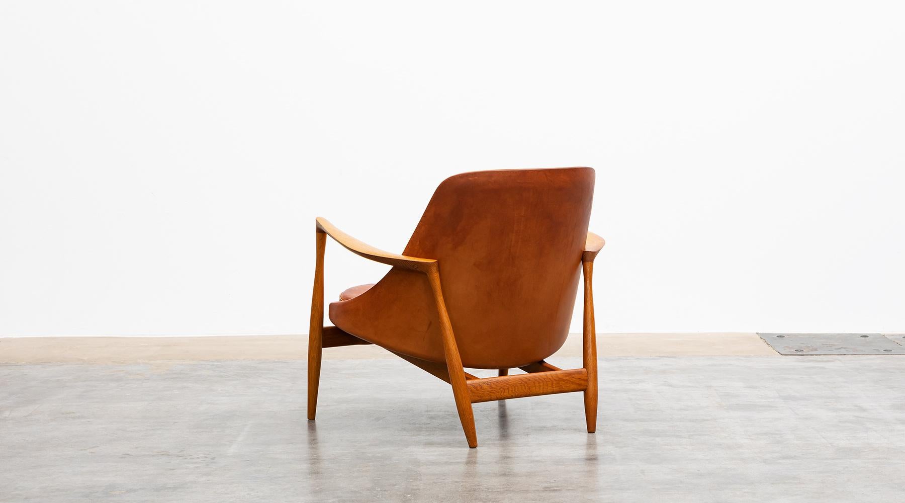 Oak 1950's Brown Wooden and Leather Lounge Chairs with Ottoman by Ib Kofod-Larsen For Sale